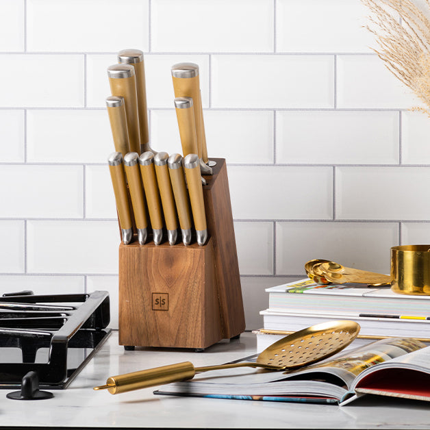 Gold Knife Set with Walnut Knife Block - Styled Settings
