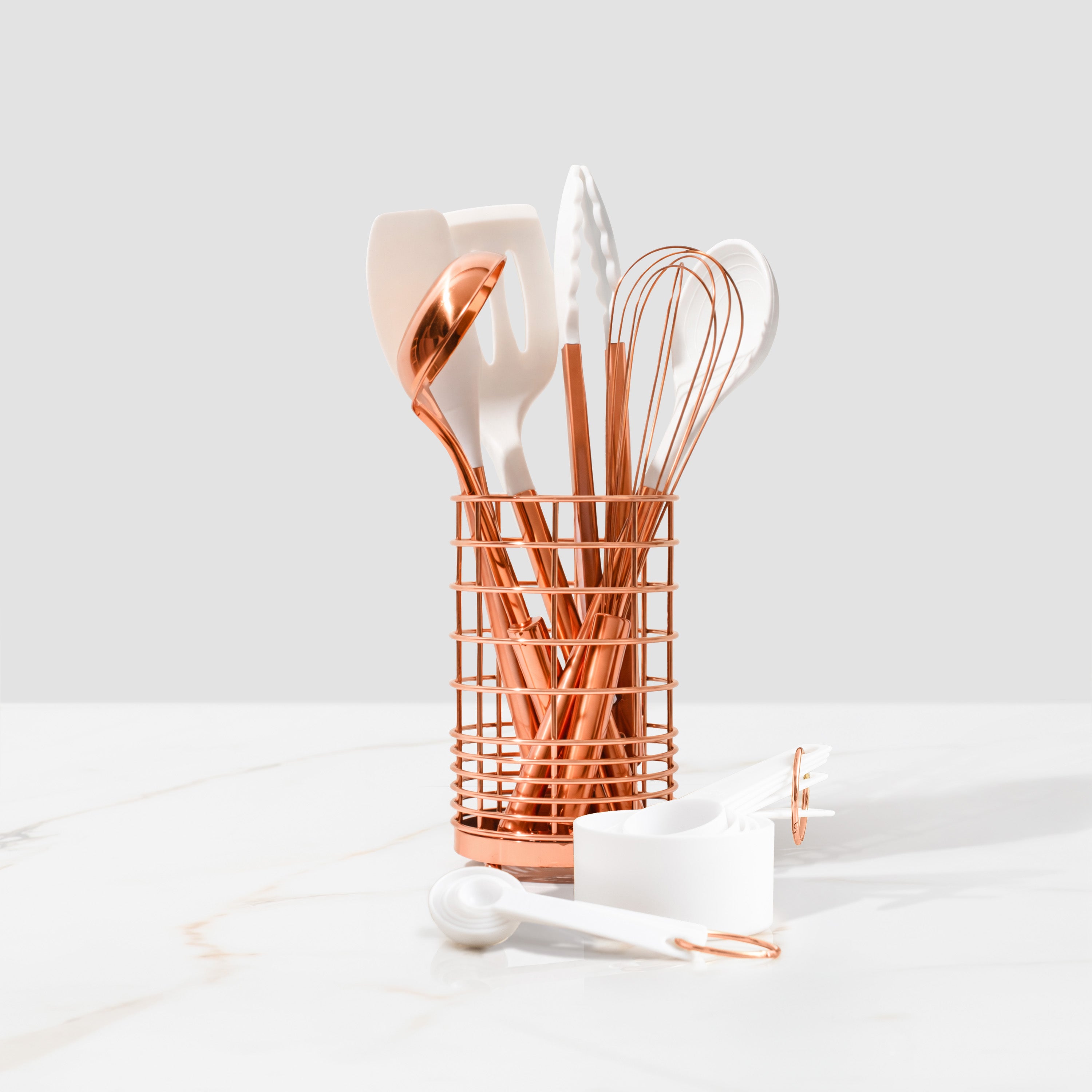 White and Copper Kitchen Utensils Set with Holder