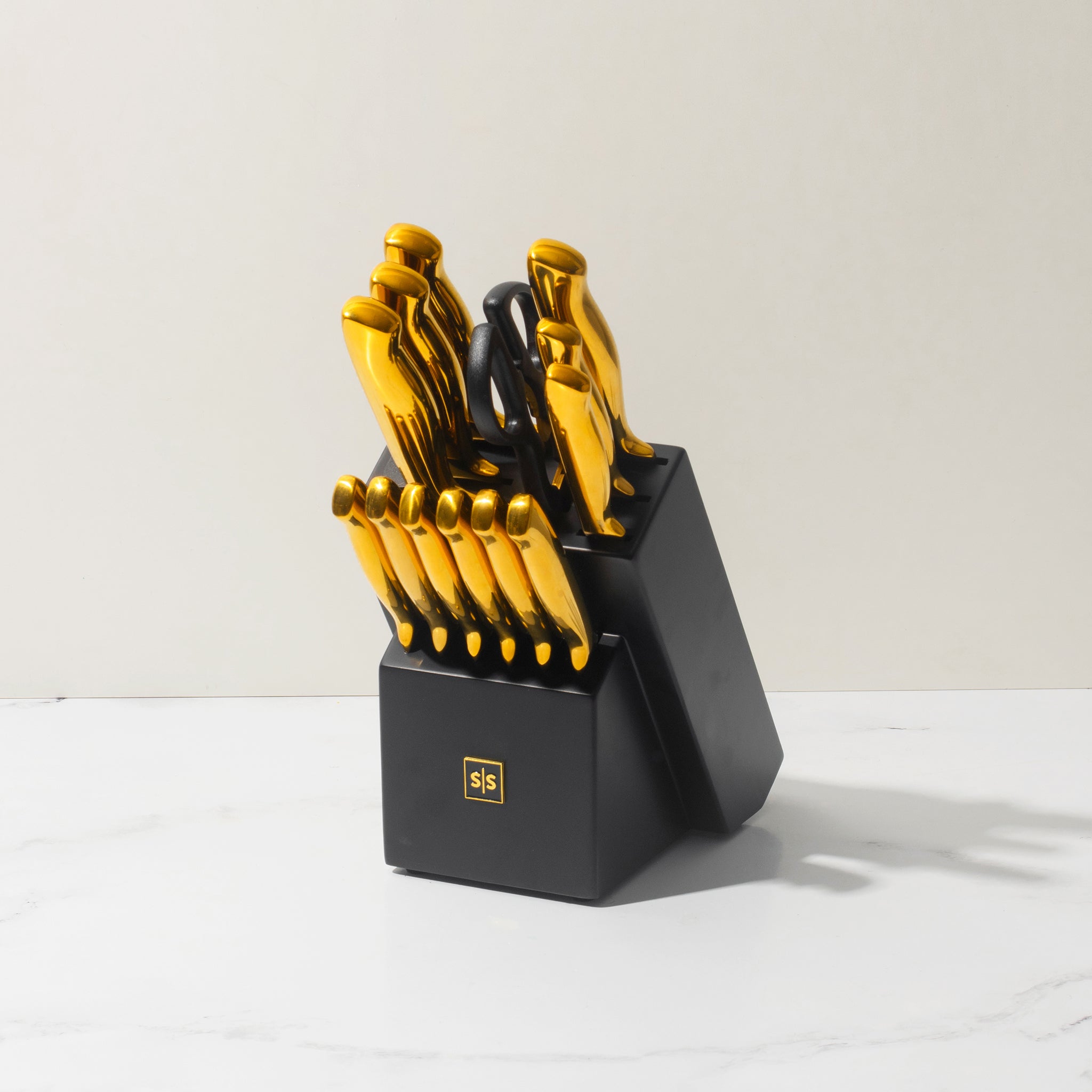 Black and Gold Knife Set with Sharpener- 14 PC Gold Knife Set with
