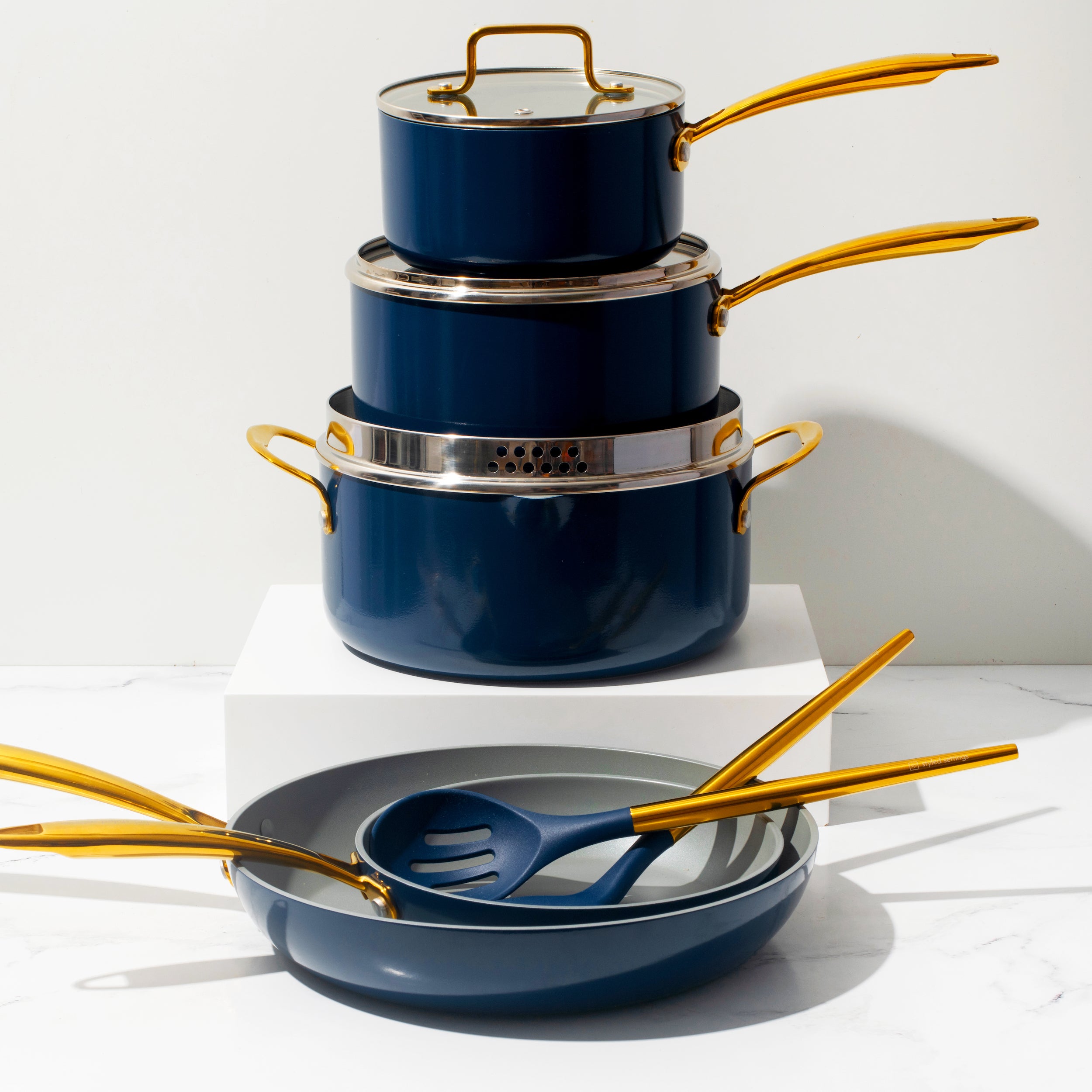 Navy and Gold Nonstick Pots and Pans Set - Styled Settings