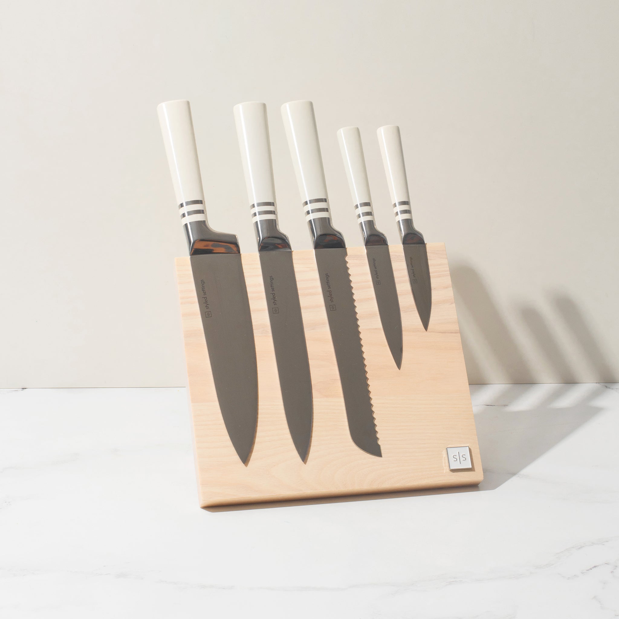 White and Silver Knife Set with Magnetic Knife Block - Styled Settings