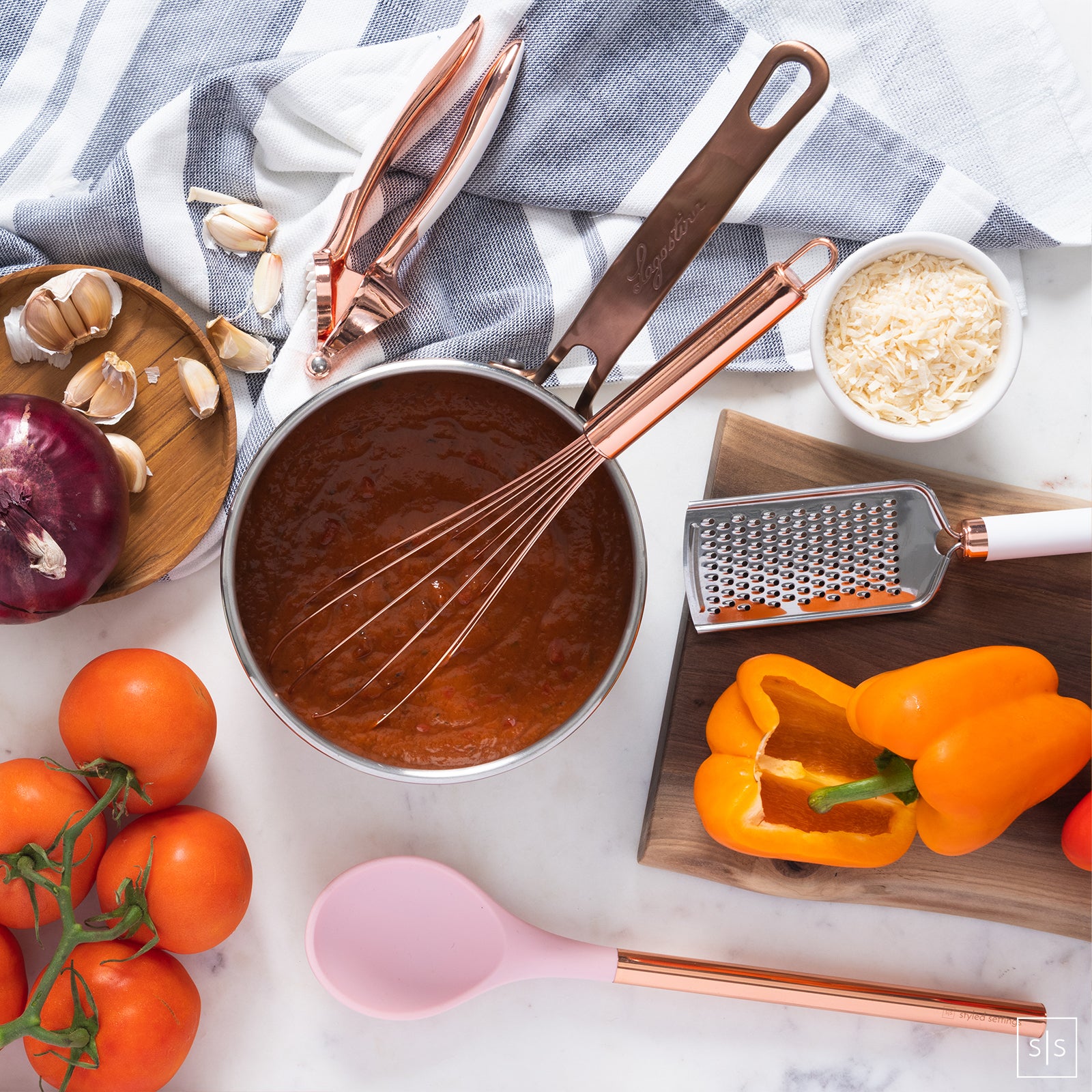 Pink and Copper Kitchen Utensils Set with Holder