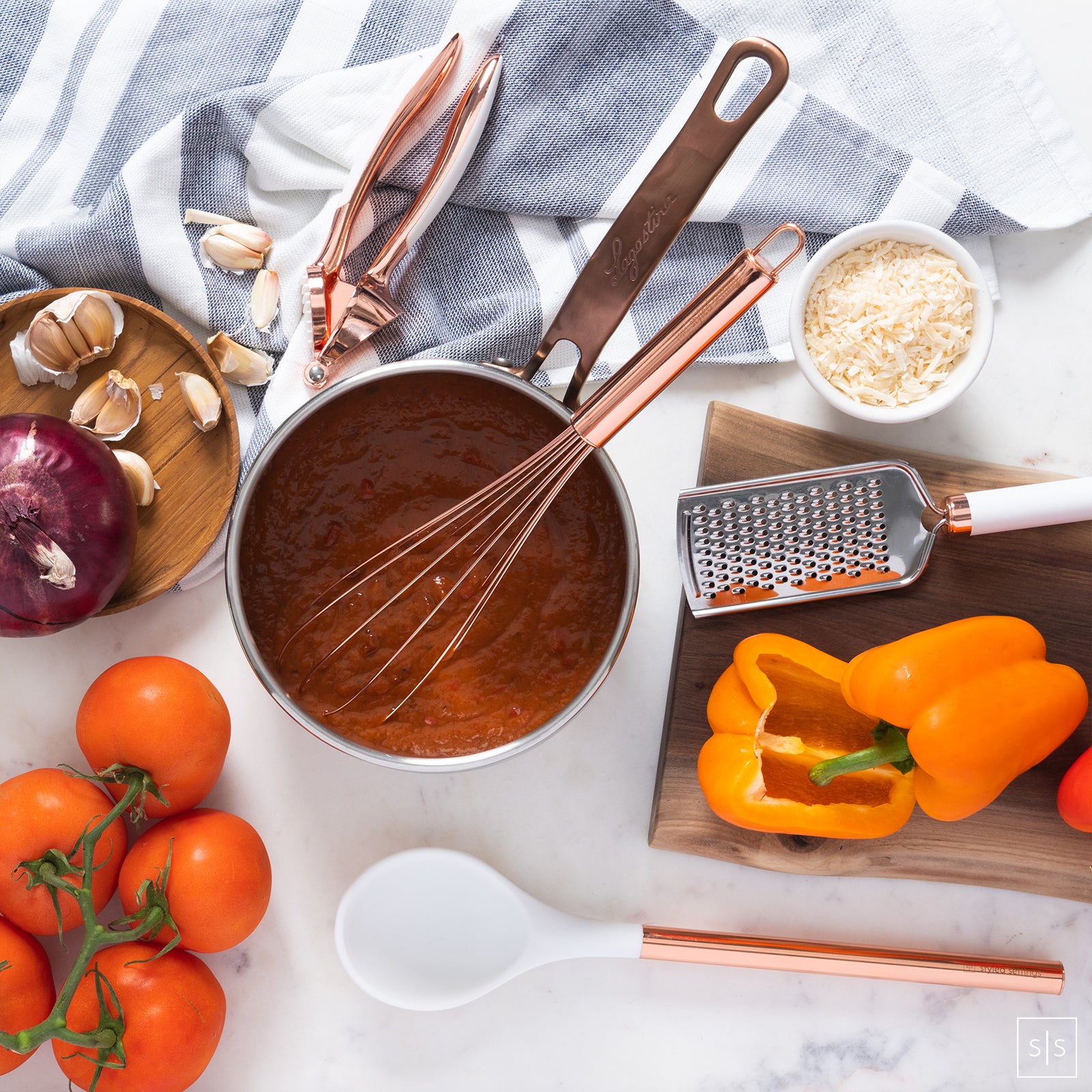 White and Copper Kitchen Utensils Set with Holder