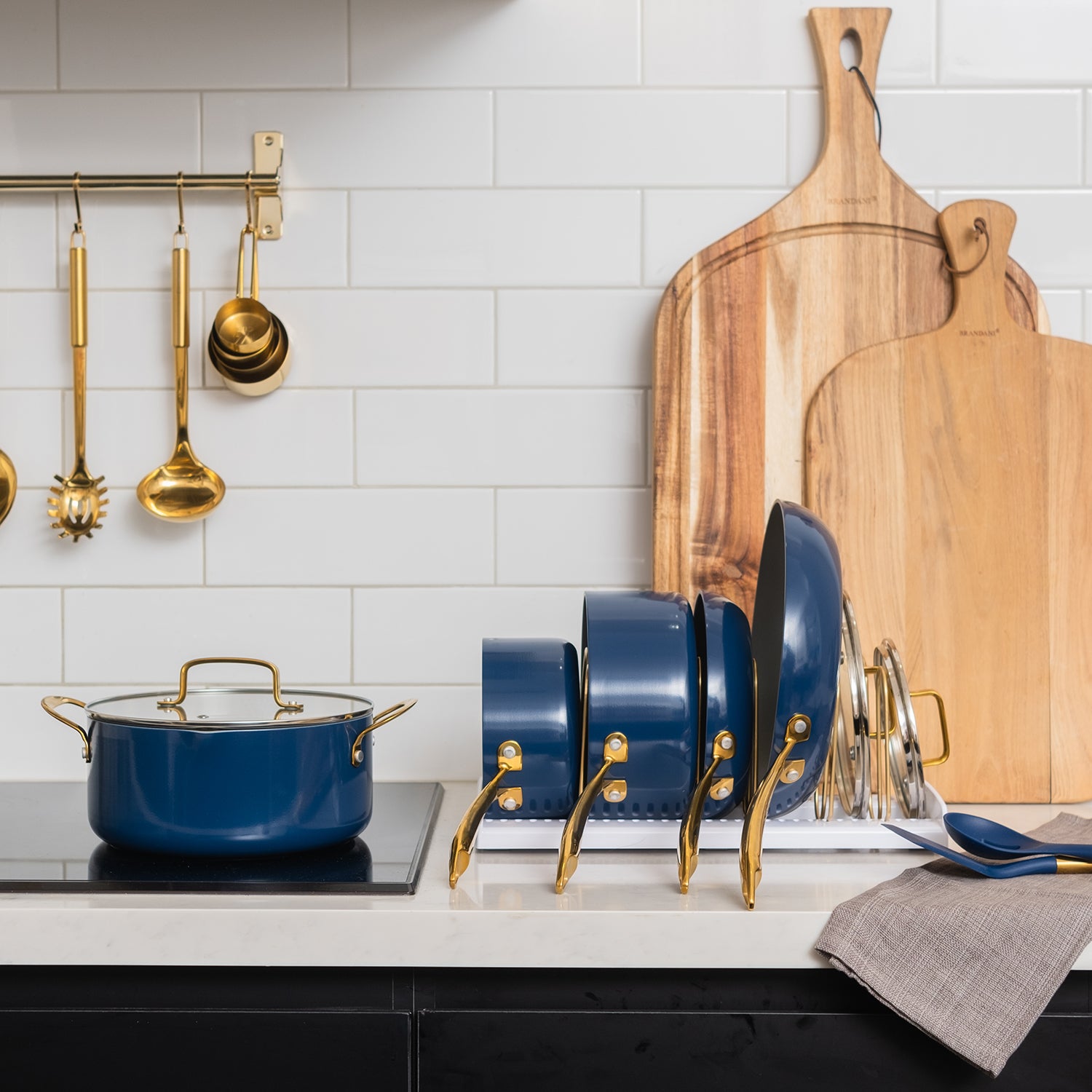 Navy and Gold Nonstick Pots and Pans Set - Styled Settings