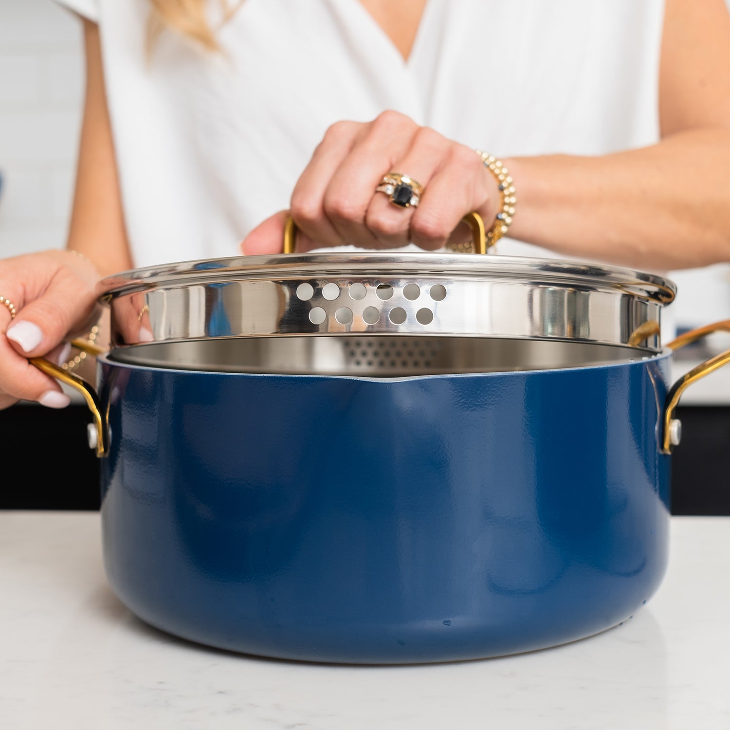 Navy and Gold Nonstick Pots and Pans Set - Styled Settings