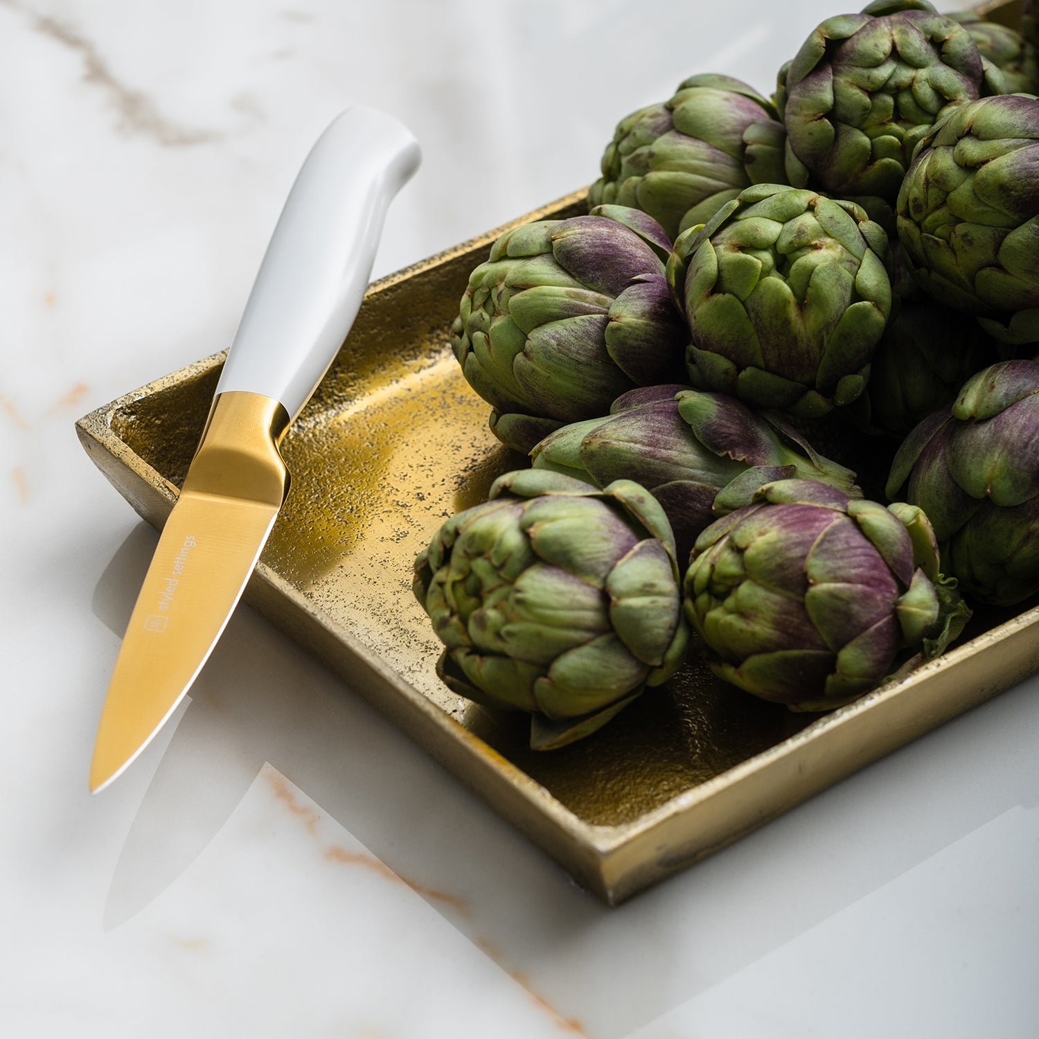 White and Gold Knife Set with White Self-Sharpening Block - Styled Settings