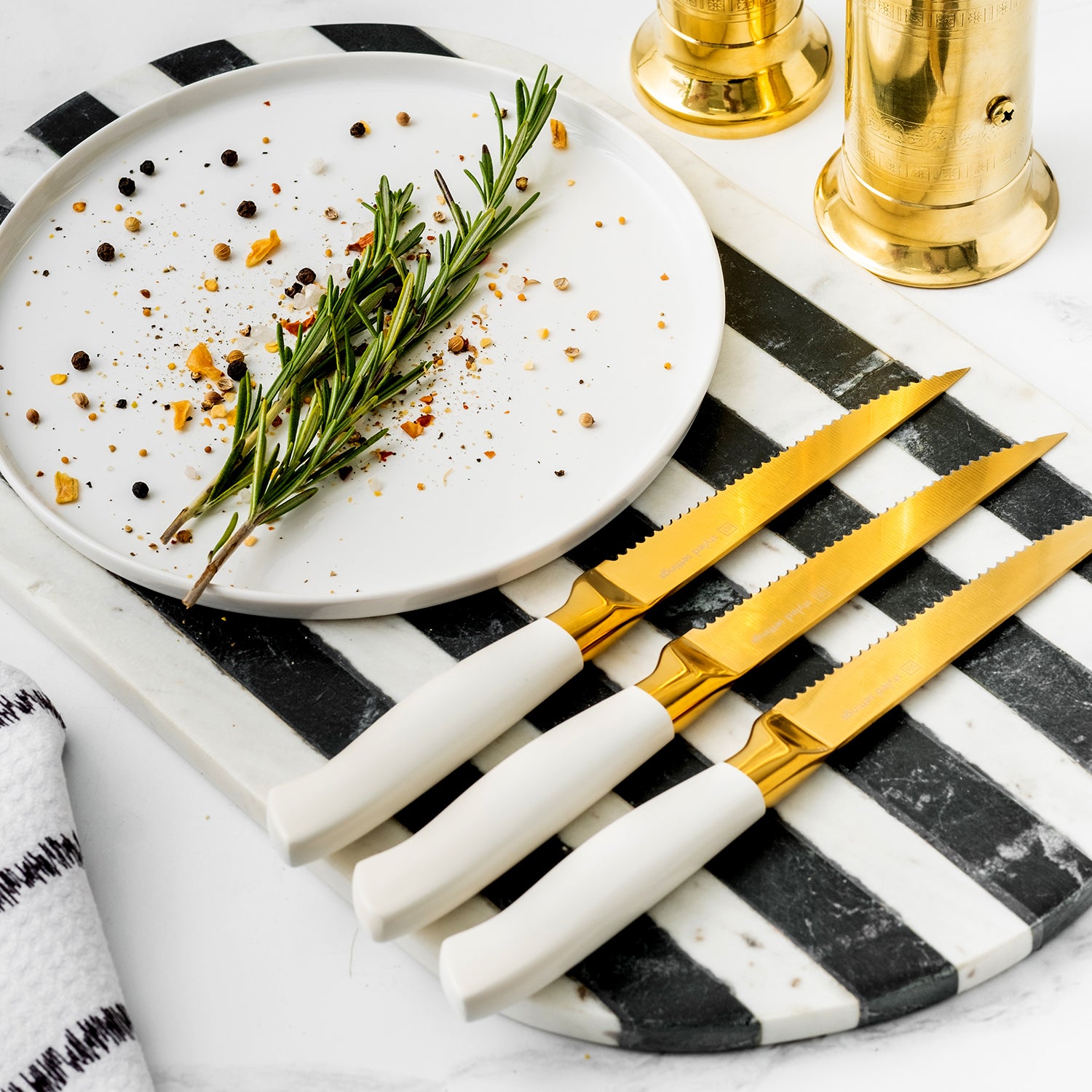 White and Gold Knife Set with White Self-Sharpening Block - Styled Settings