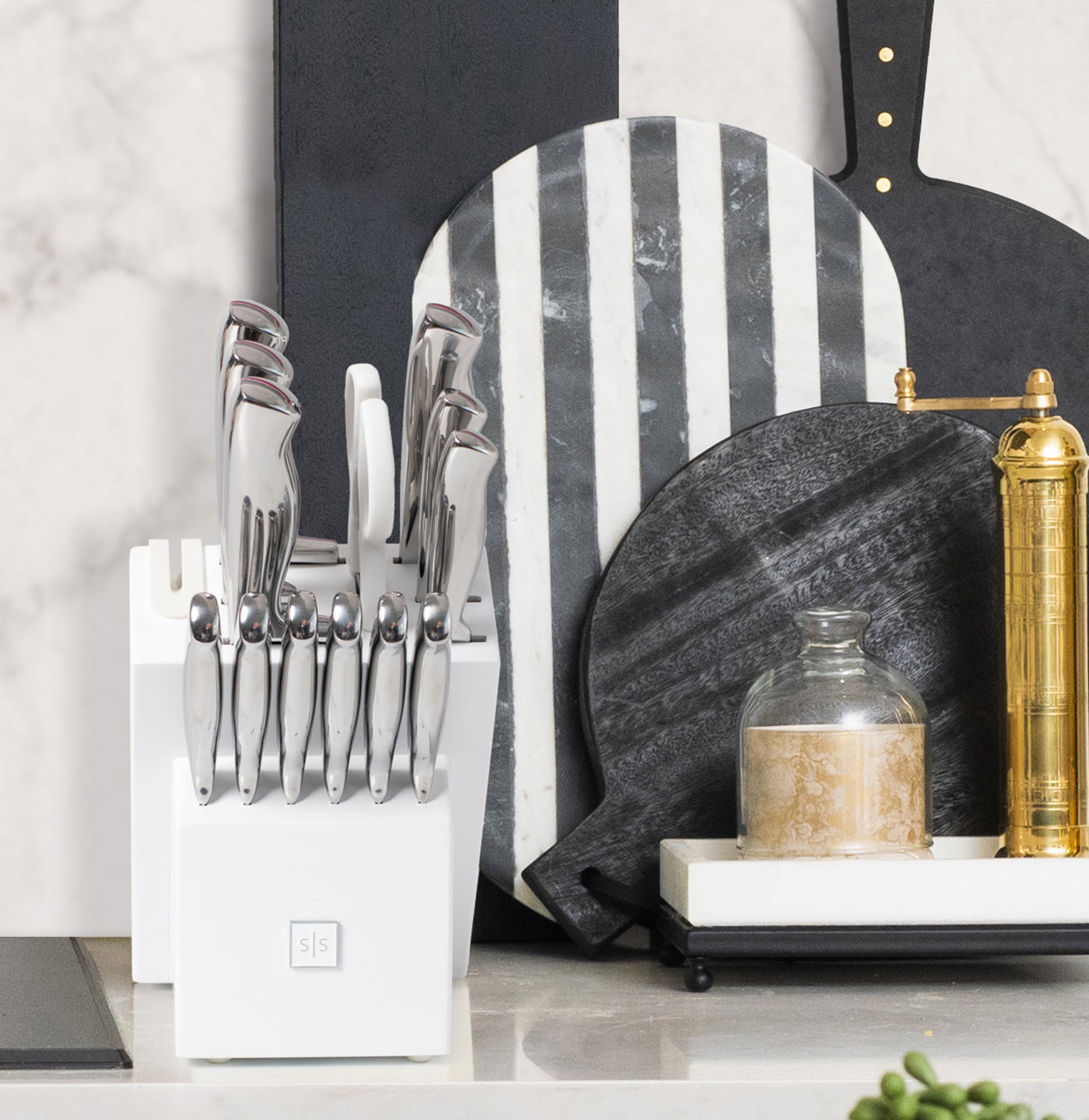 Silver Knife Set with White Self-Sharpening Block - Styled Settings