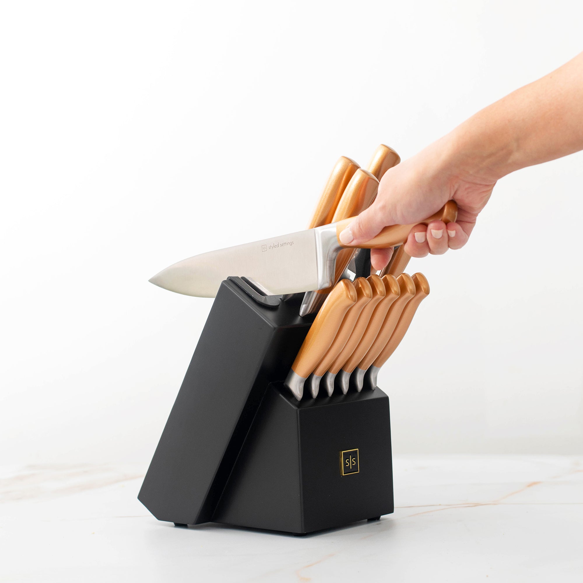 Gold and Silver Knife Set with Self-Sharpening Block - Styled Settings