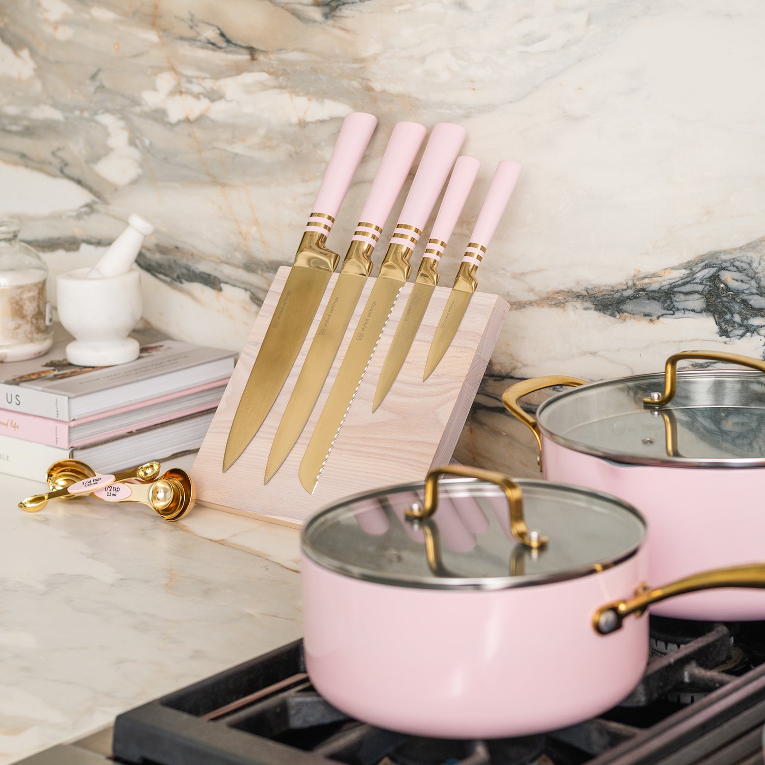 Pink and Gold Knife Set with Magnetic Knife Block - Styled Settings