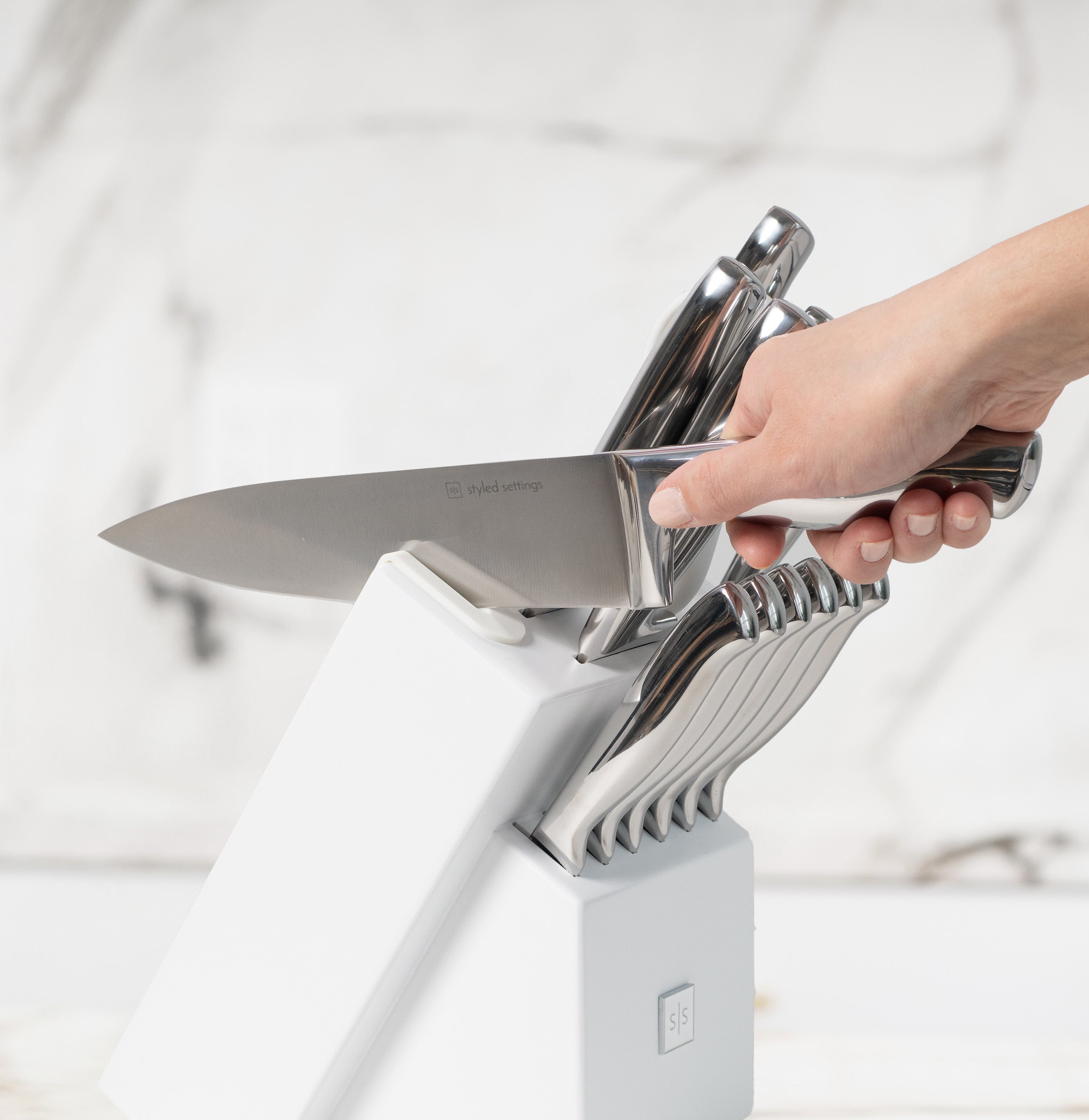 Silver Knife Set with White Self-Sharpening Block - Styled Settings