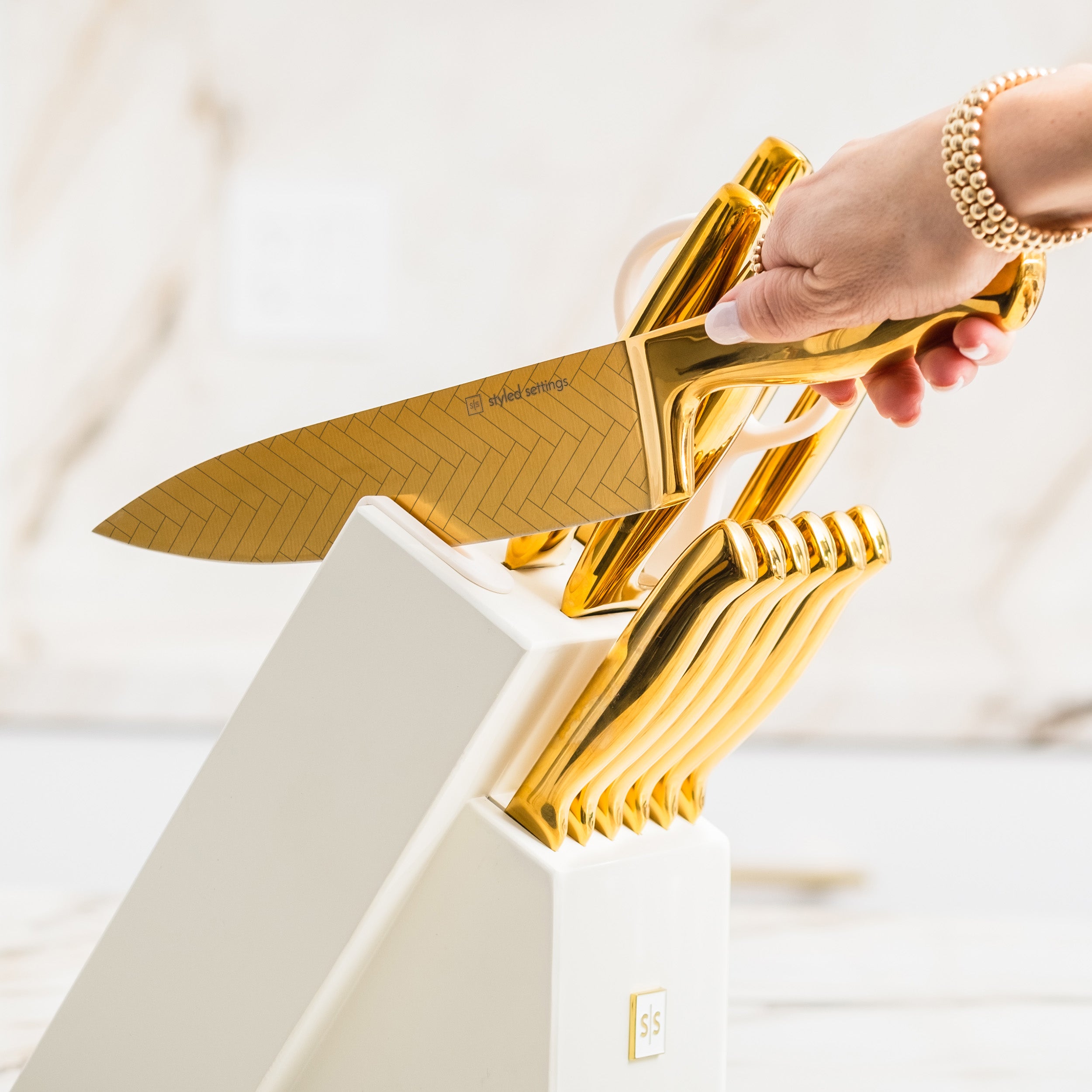Patterned Gold Knife Set with White Self-Sharpening Block