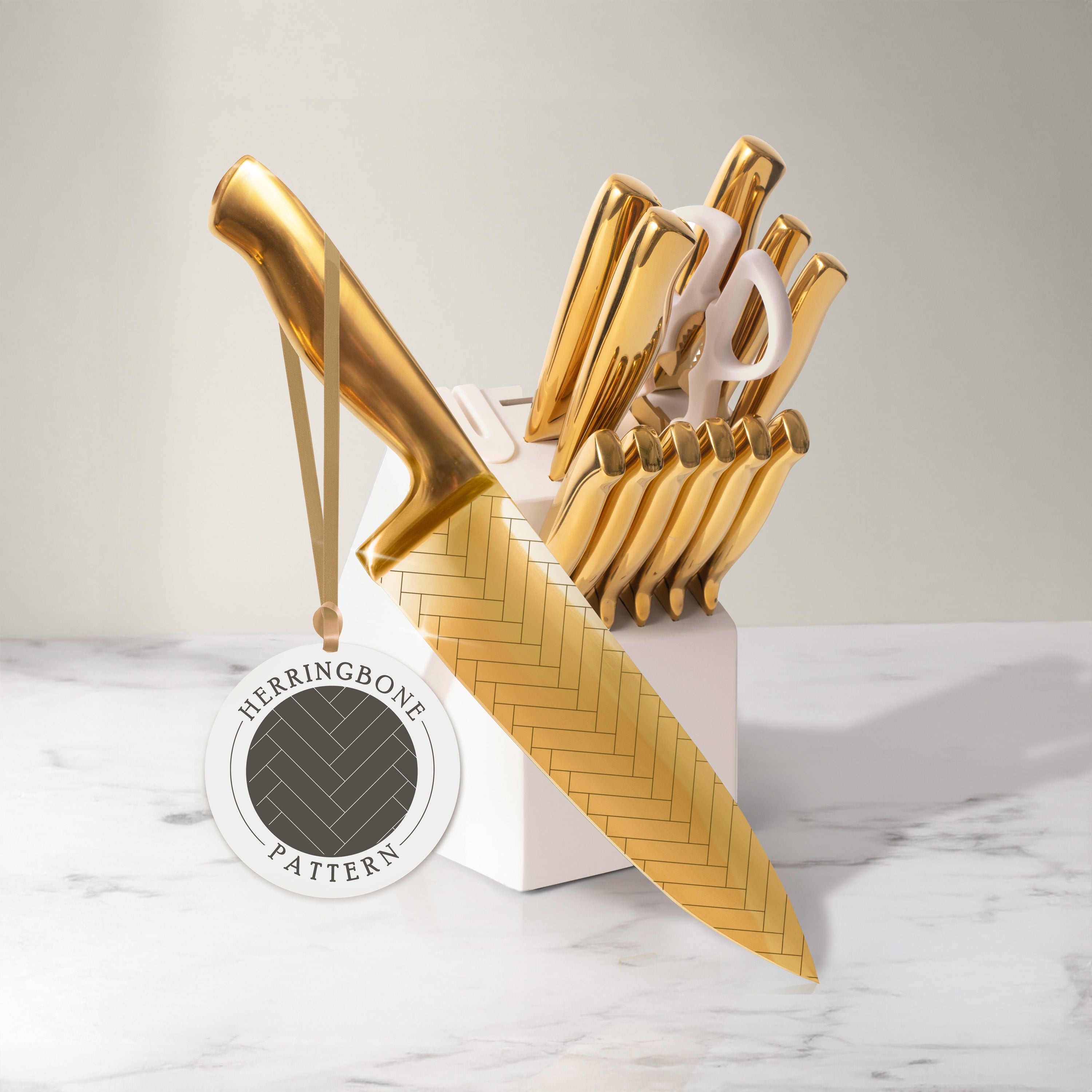 Patterned Gold Knife Set with White Self-Sharpening Block