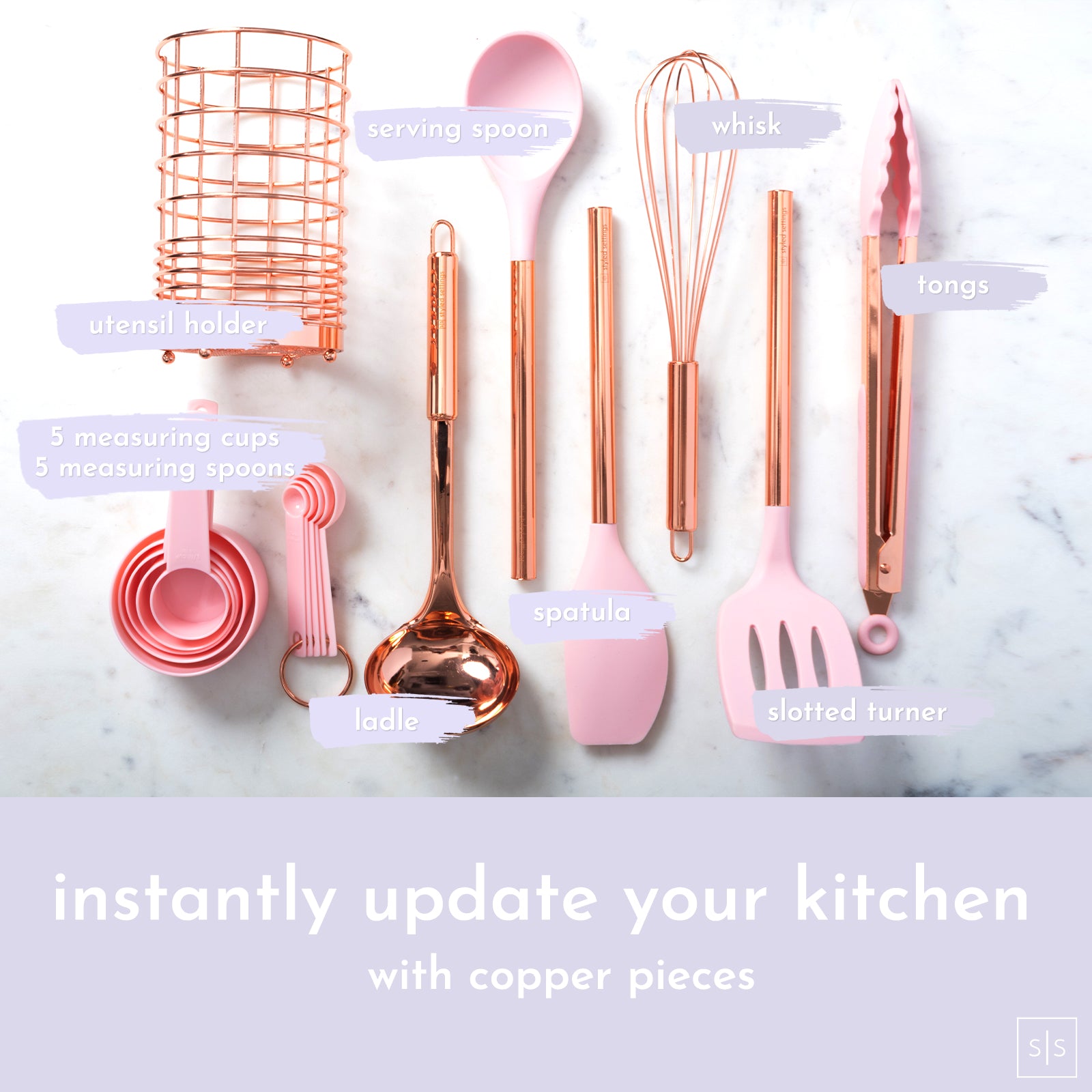 Pink and Copper Kitchen Utensils Set with Holder