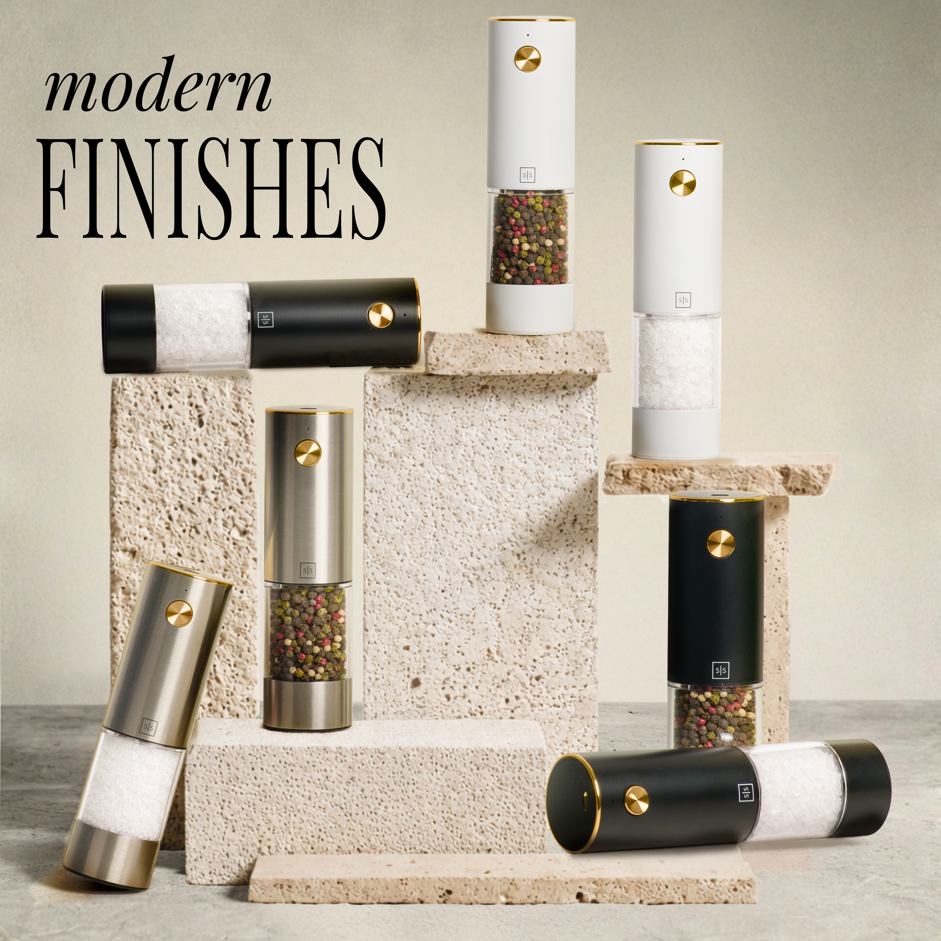 Rechargeable Electric Salt and Pepper Grinder Set – White Stainless Steel, USB-C, Adjustable Coarseness, LED Light