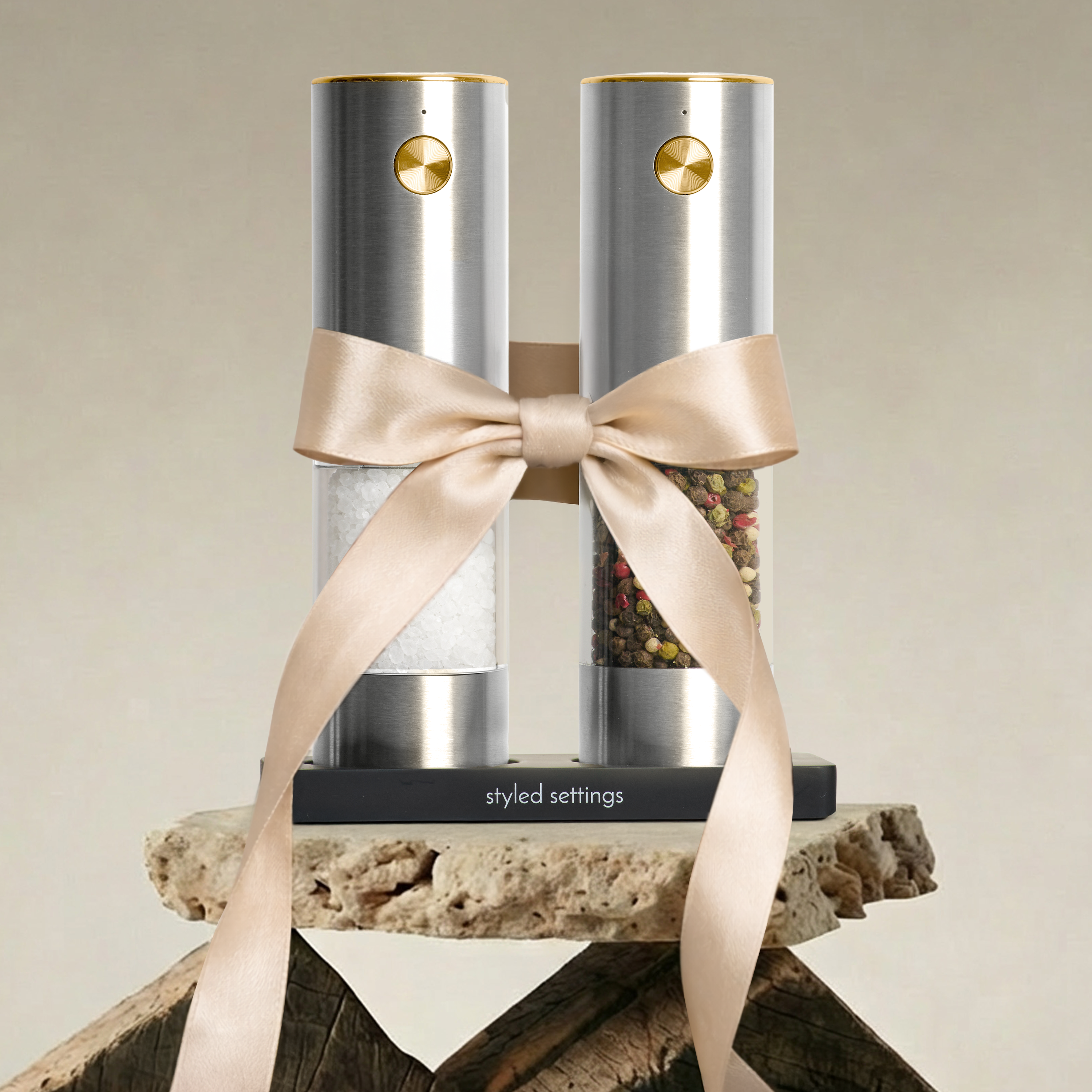 Rechargeable Electric Salt and Pepper Grinder Set – Silver Stainless Steel, USB-C, Adjustable Coarseness, LED Light