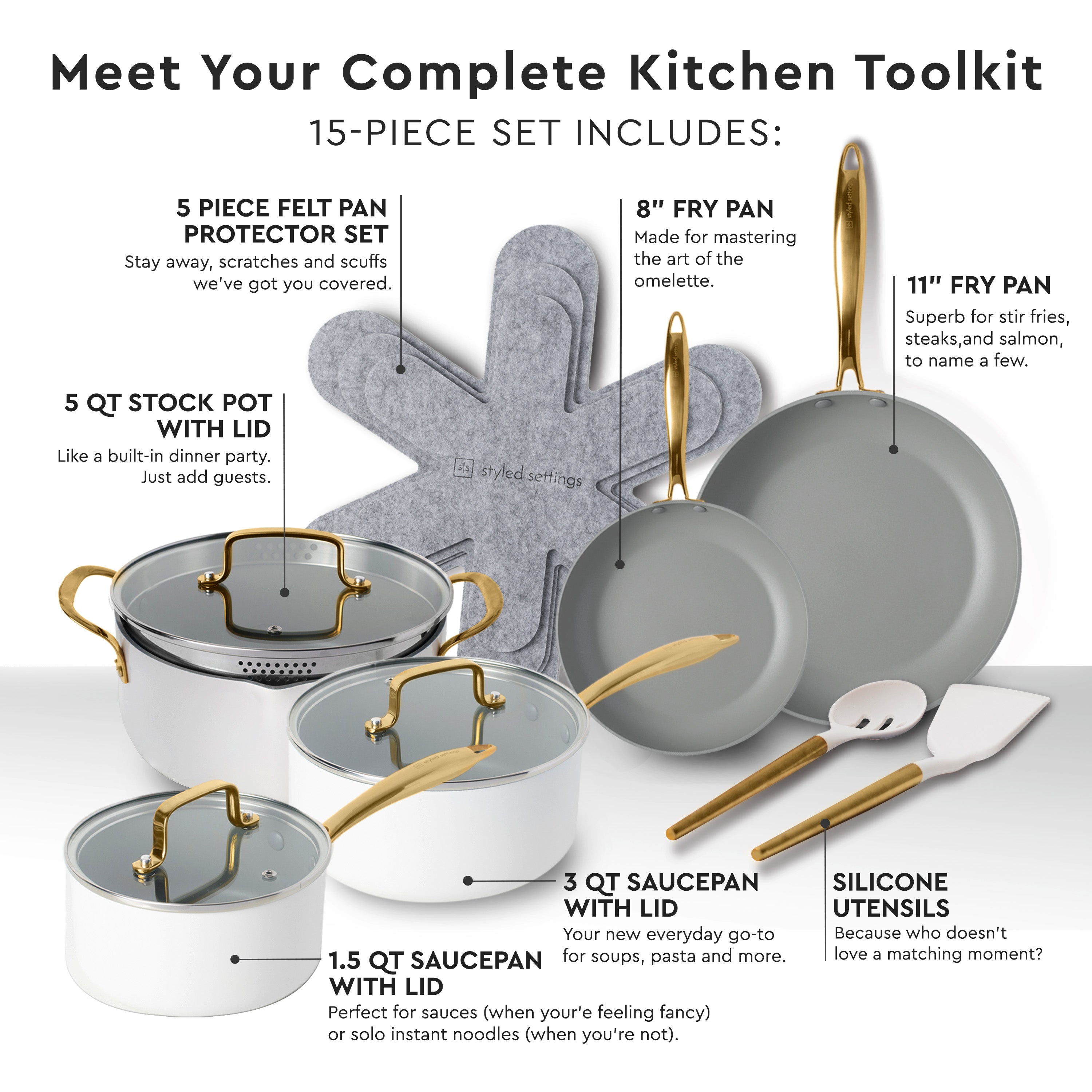 White and Gold Nonstick Pots and Pans Set - Styled Settings