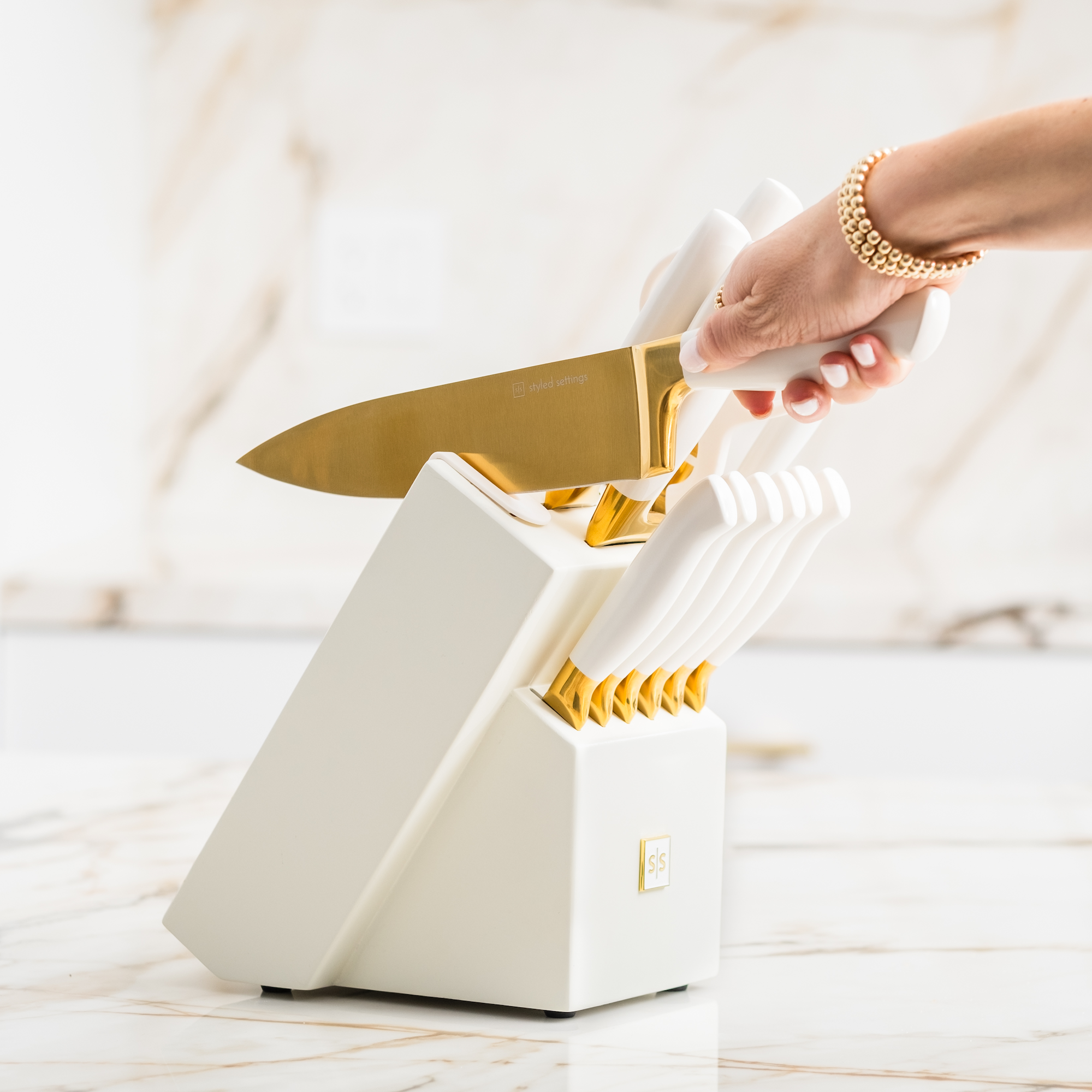 White and Gold Knife Set with White Self-Sharpening Block - Styled Settings