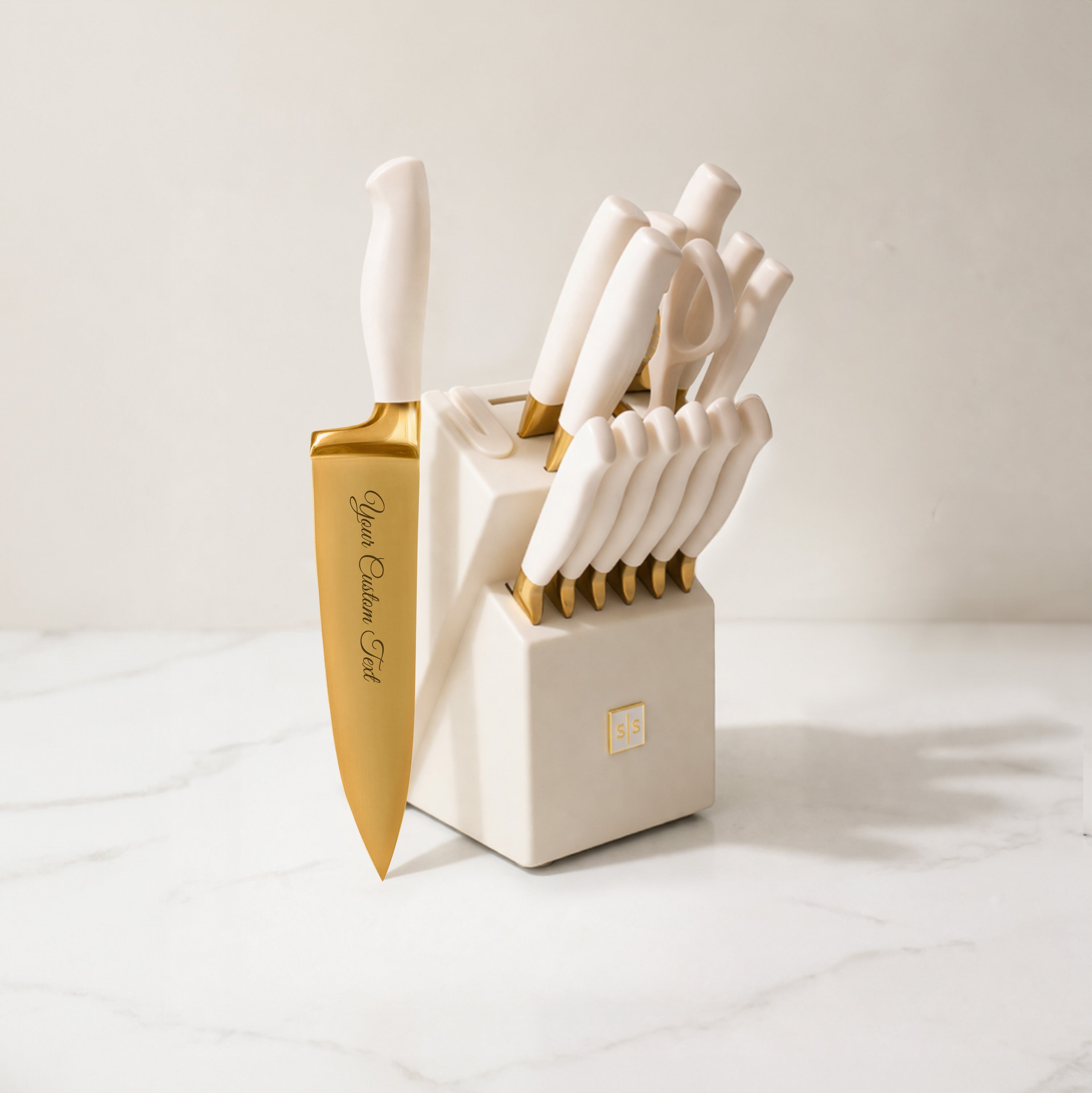 Personalized White and Gold Knife Set with White Self-Sharpening Block