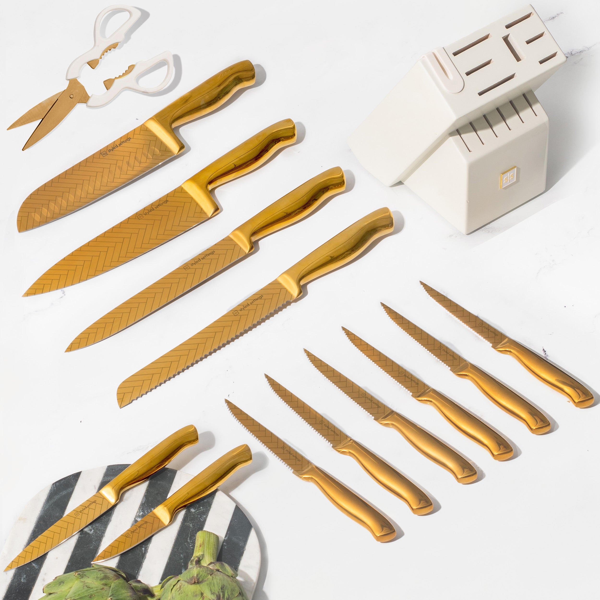 Patterned Gold Knife Set with White Self-Sharpening Block