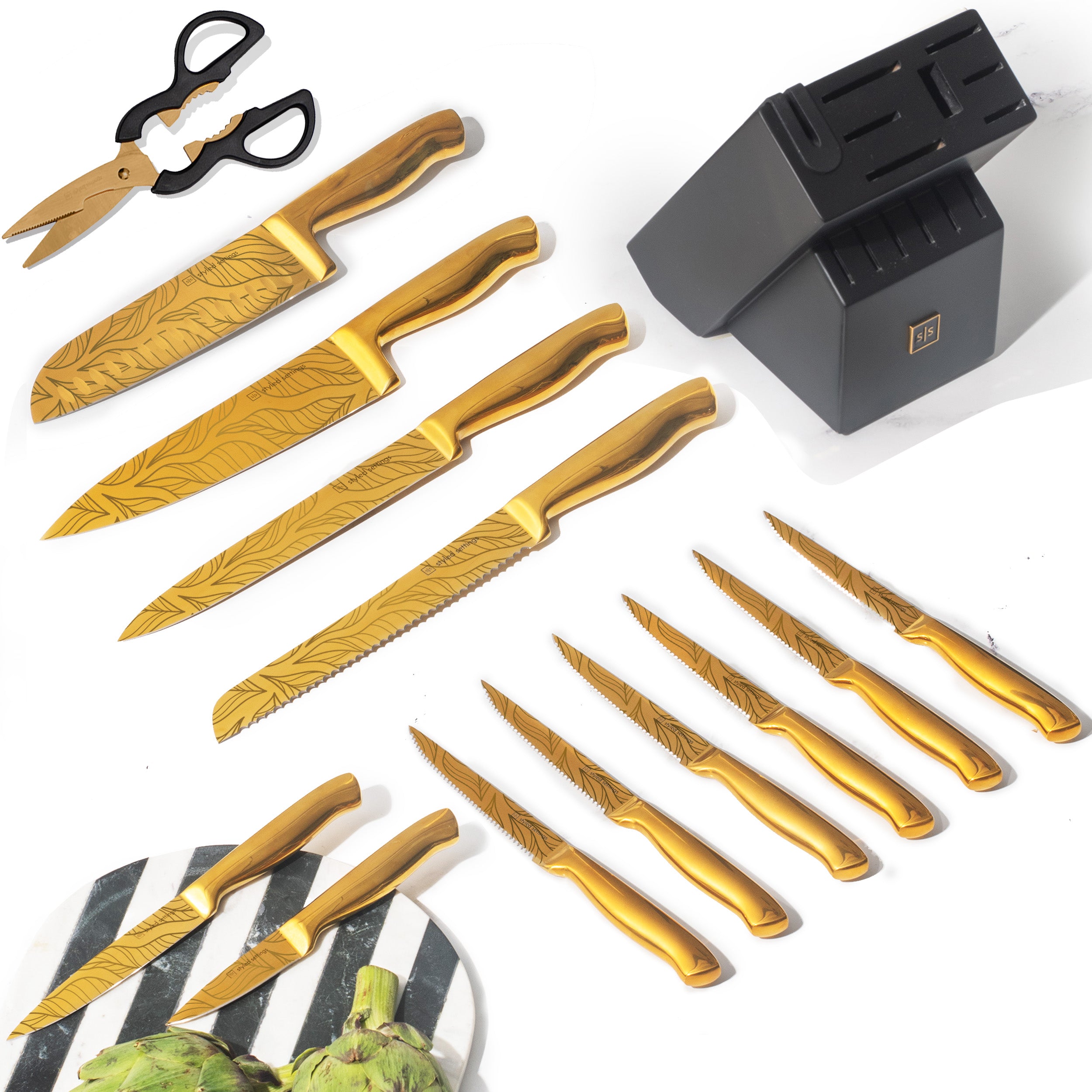 Patterned Gold Knife Set with Black Self-Sharpening Block