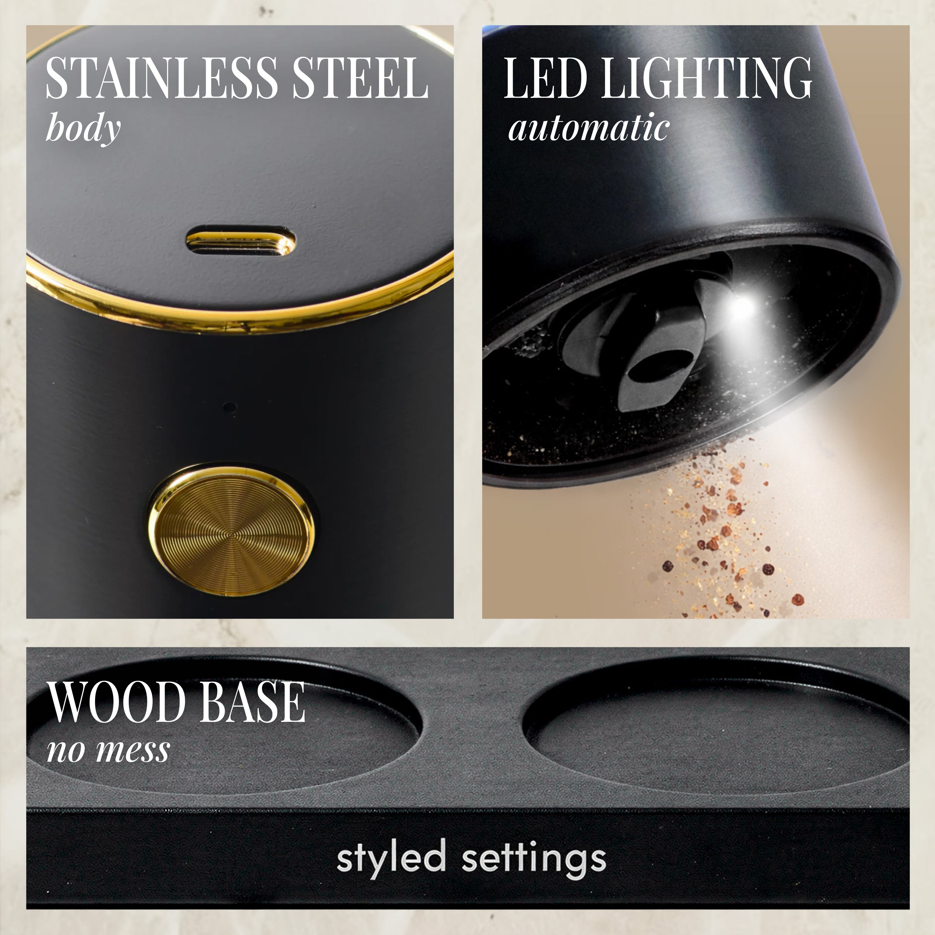 Rechargeable Electric Salt and Pepper Grinder Set – Black Stainless Steel, USB-C, Adjustable Coarseness, LED Light