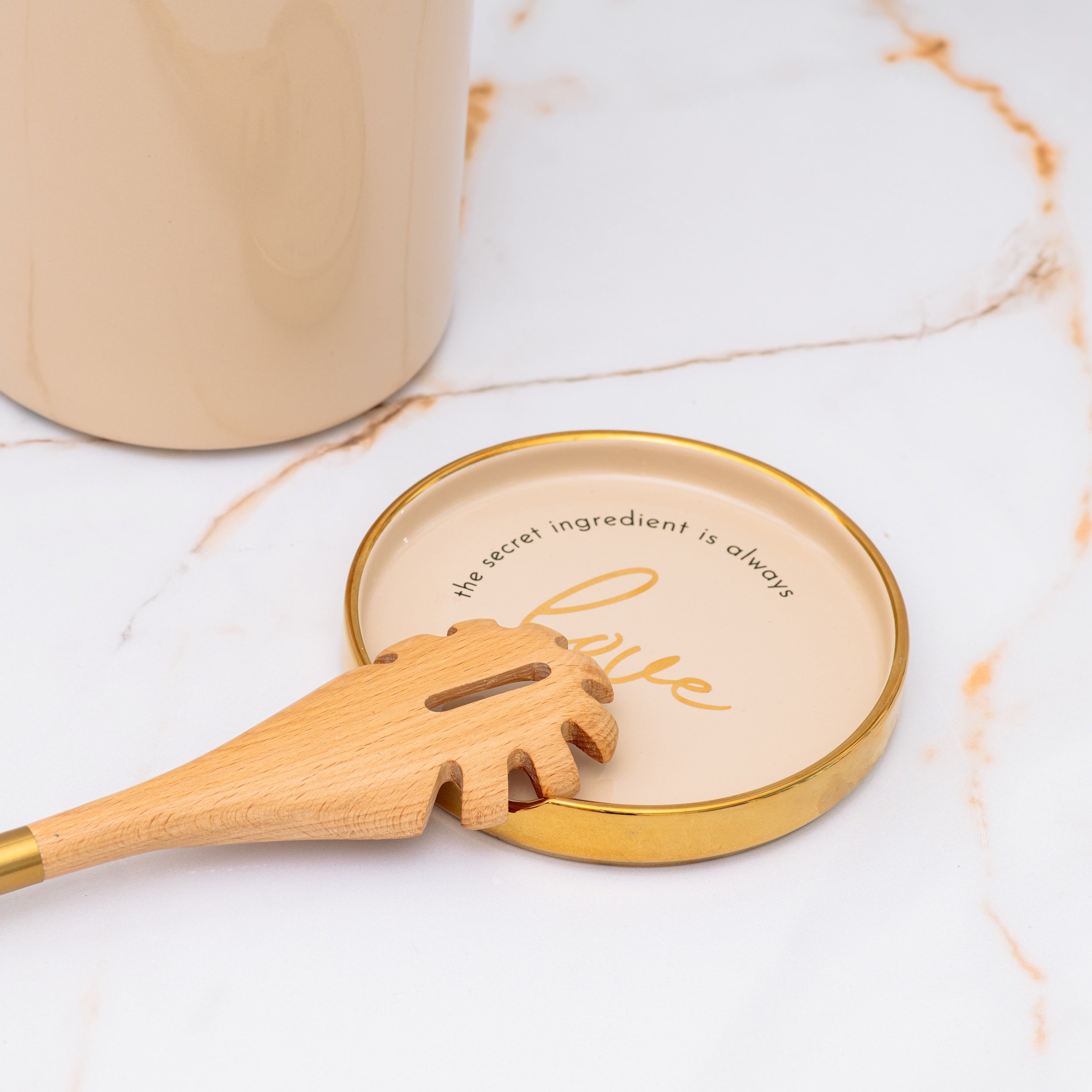 Beige and Gold Utensil Holder with Built-in Spoon Rest