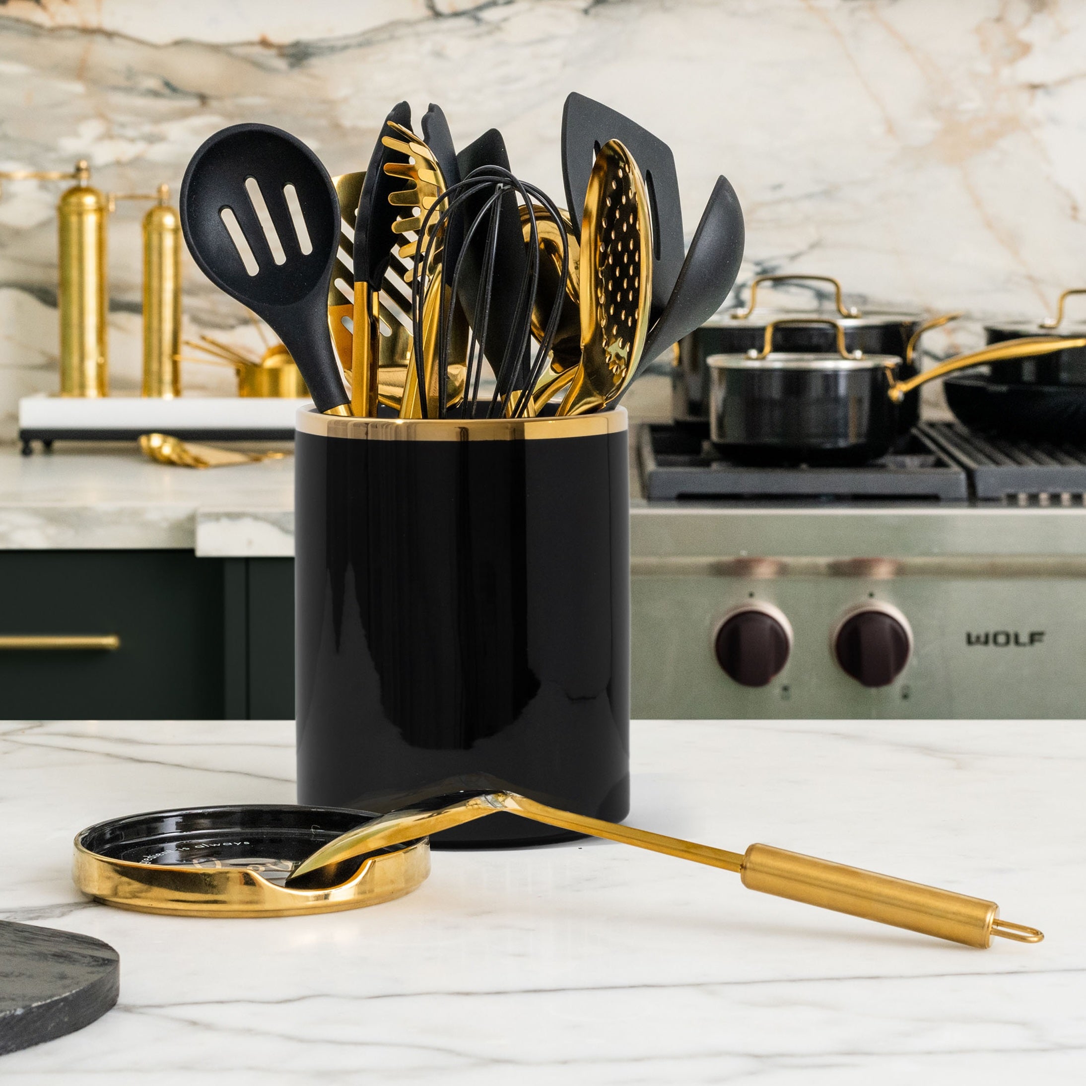 Black and Gold Utensil Holder with Built-in Spoon Rest - Styled Settings