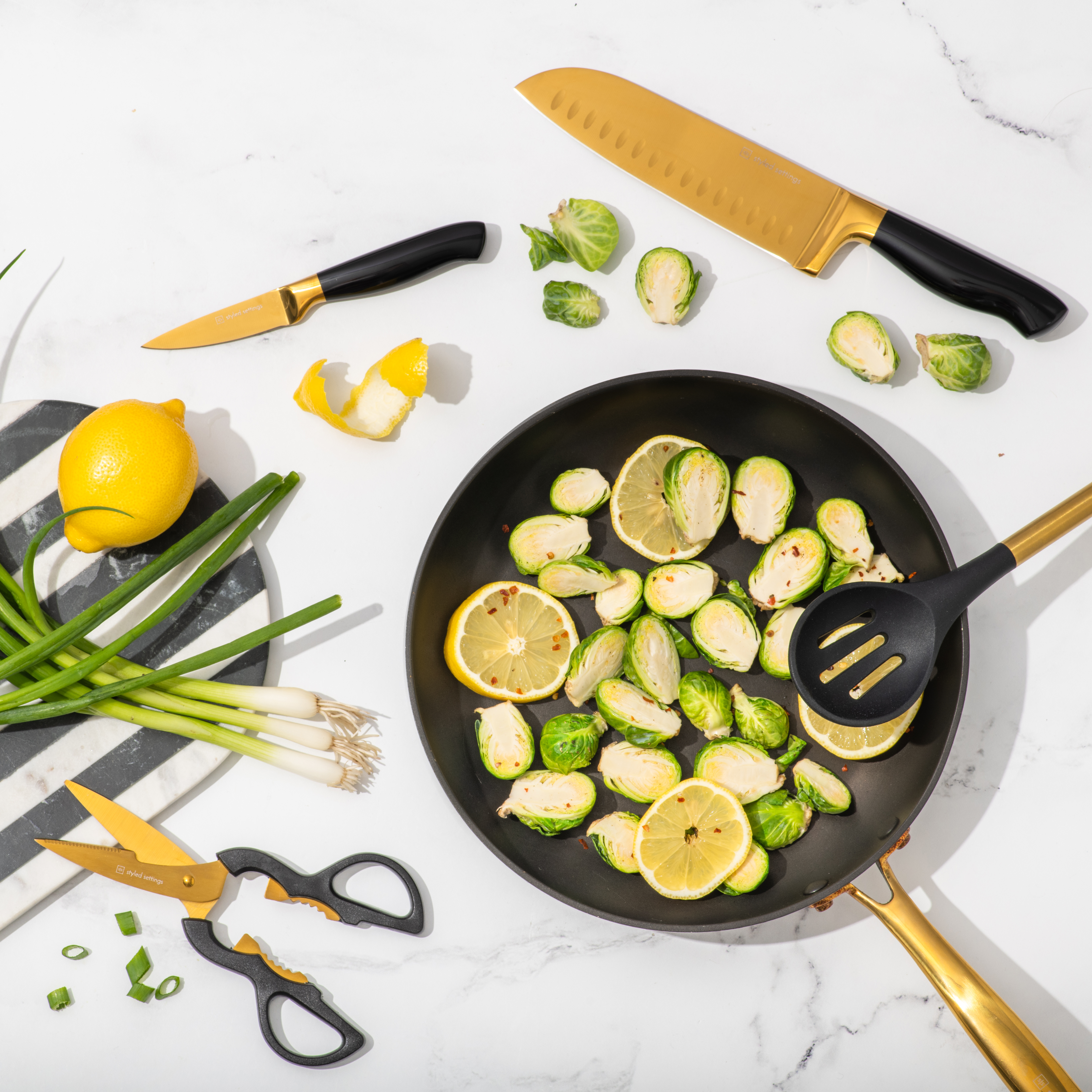 Black and Gold Knife Set with Black Self-Sharpening Block - Styled Settings
