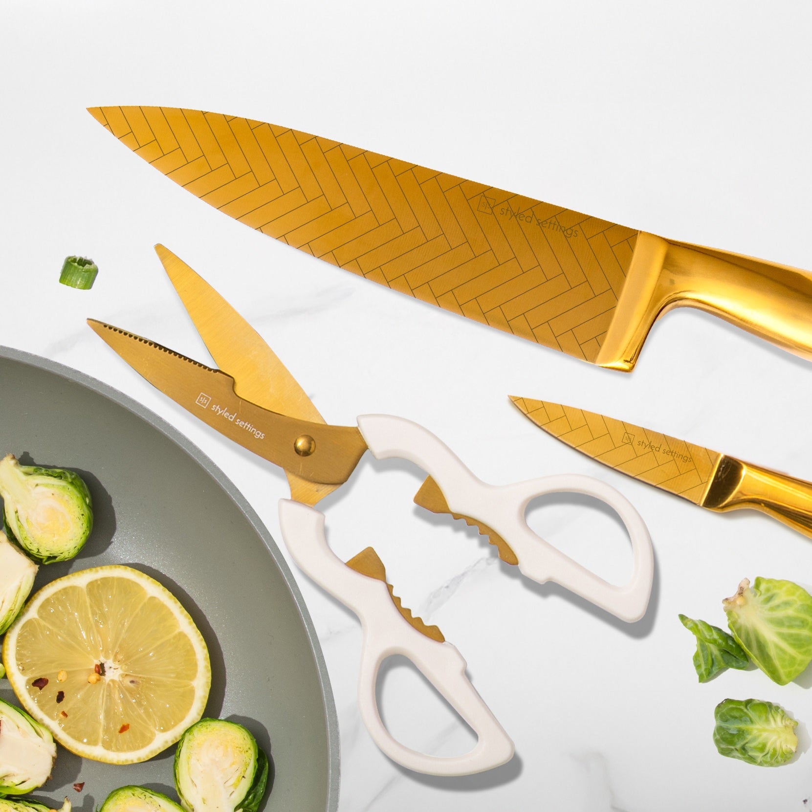Patterned Gold Knife Set with White Self-Sharpening Block