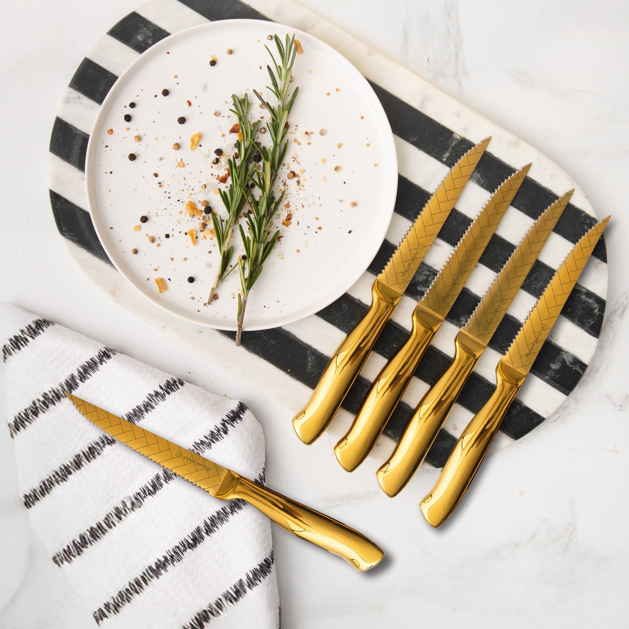 Patterned Gold Knife Set with White Self-Sharpening Block