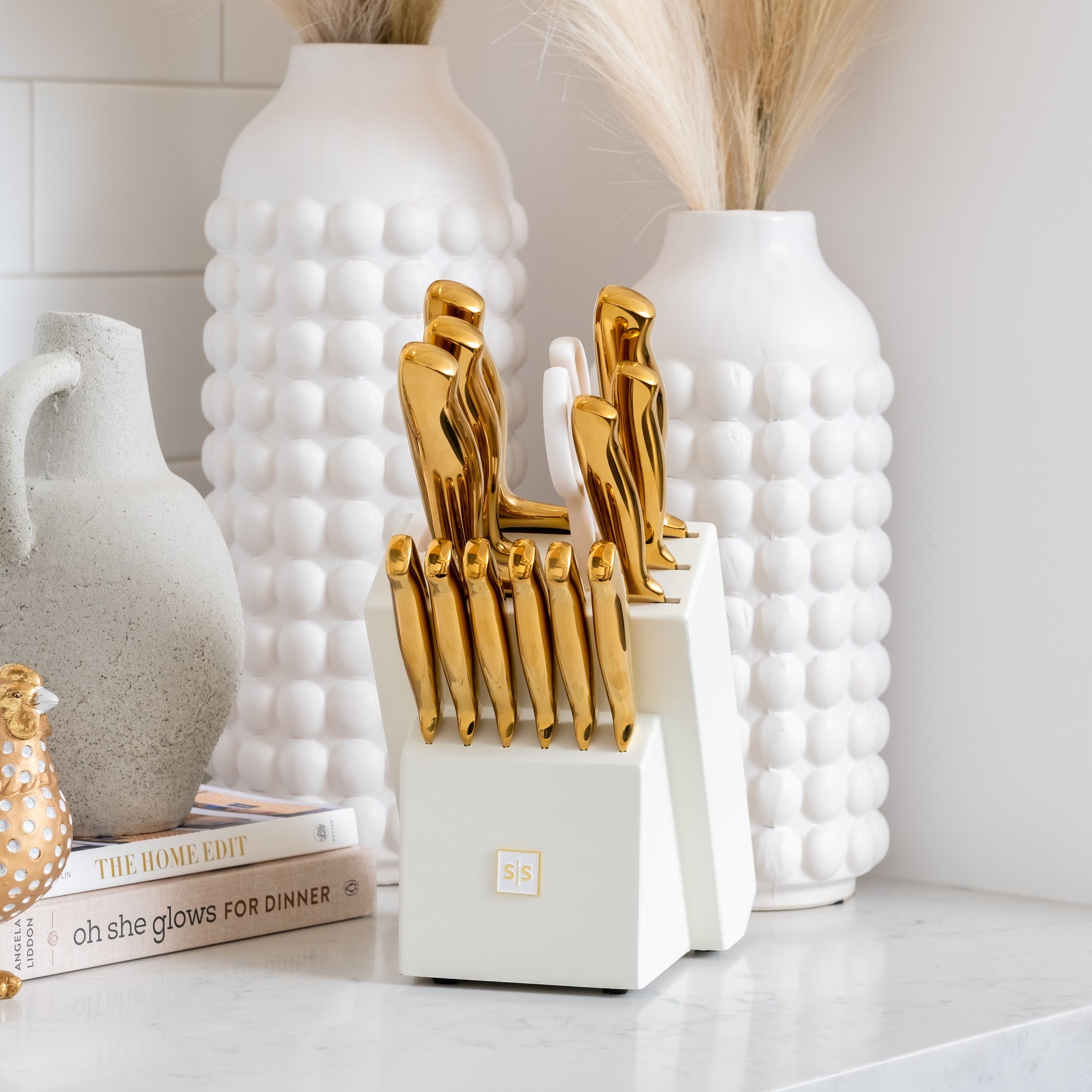 Patterned Gold Knife Set with White Self-Sharpening Block