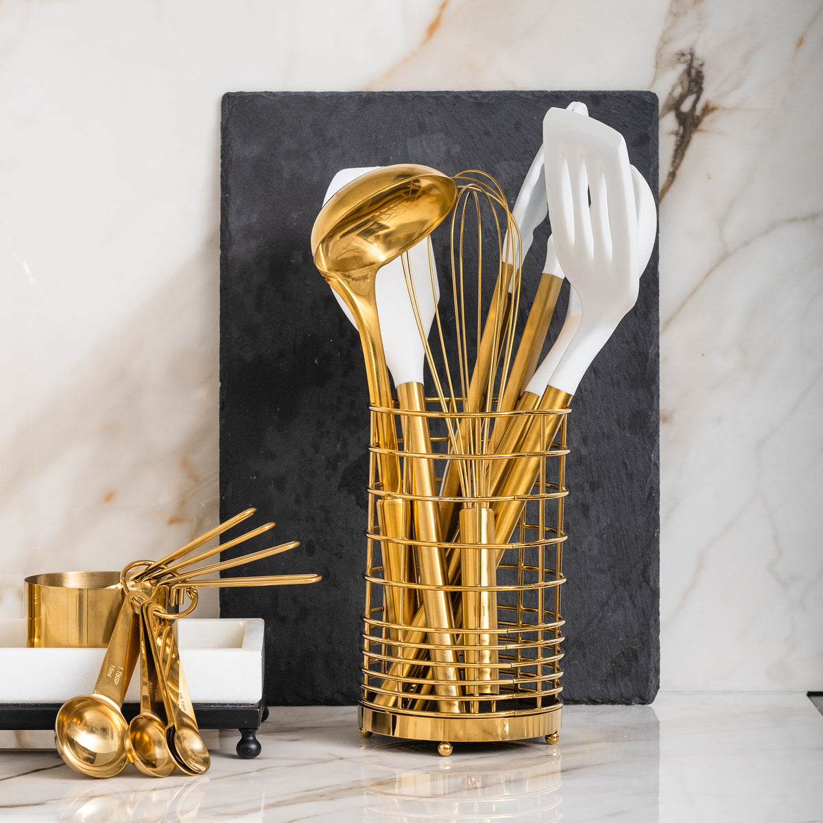 White and Vintage Gold Kitchen Utensils Set with Holder