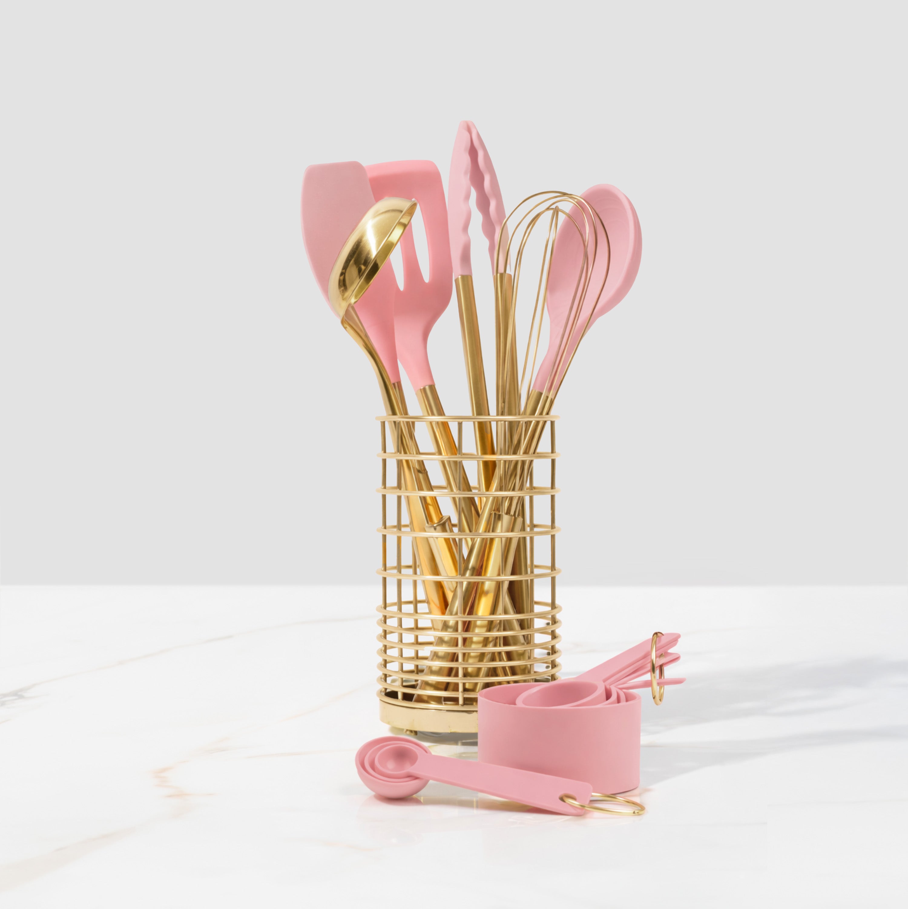 Pink and Gold Kitchen Utensils Set with Holder