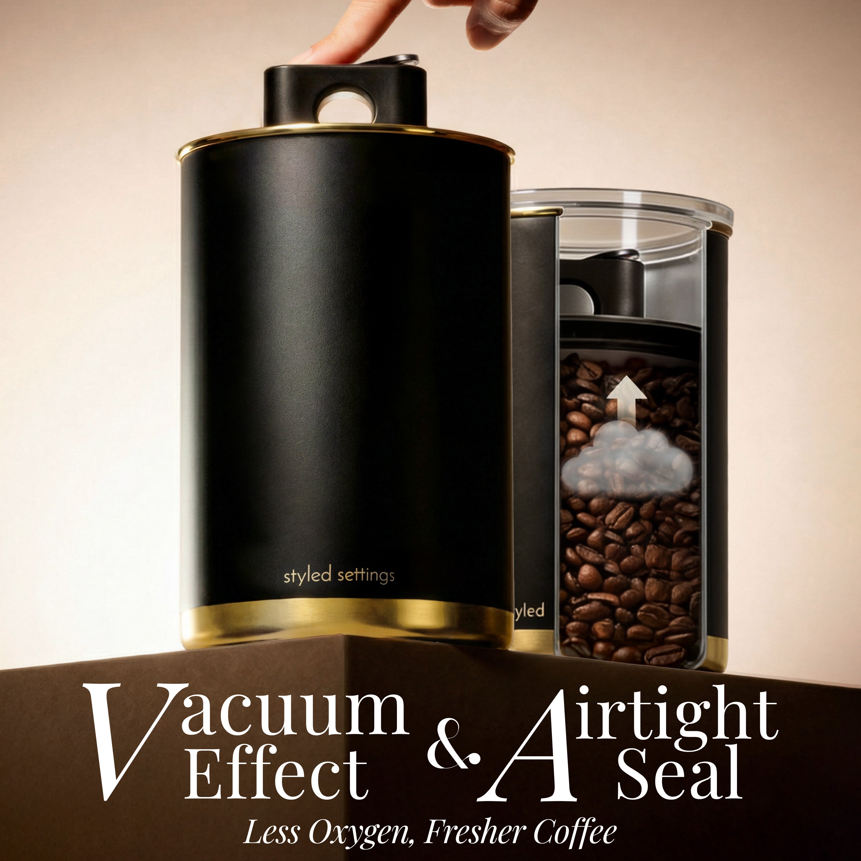 Black & Gold Stainless Steel Vacuum Coffee Canister with Scoop & Labels