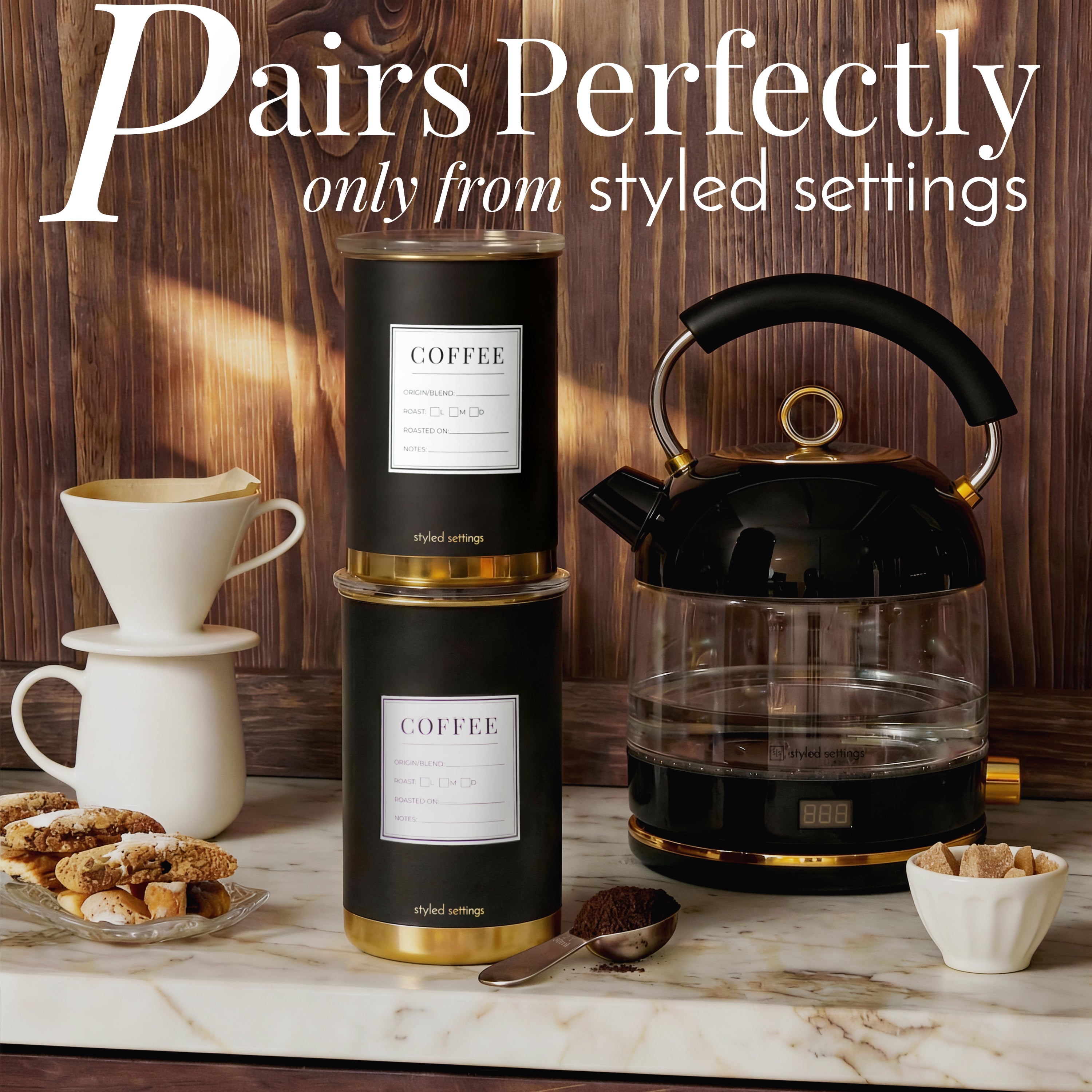 Black and Gold Coffee Canisters (Set of 2)
