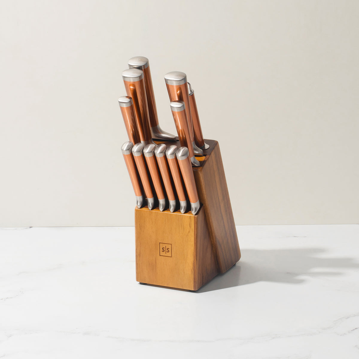 Styled Settings White Stainless Steel Knife Set with Walnut Block