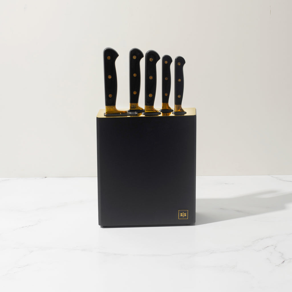 Black and Gold Knife Set with Block - 6 PC Luxe Gold Kitchen Knife Set with  Block Self Sharpening - Modern Knife Set with Self Sharpening Knife Block