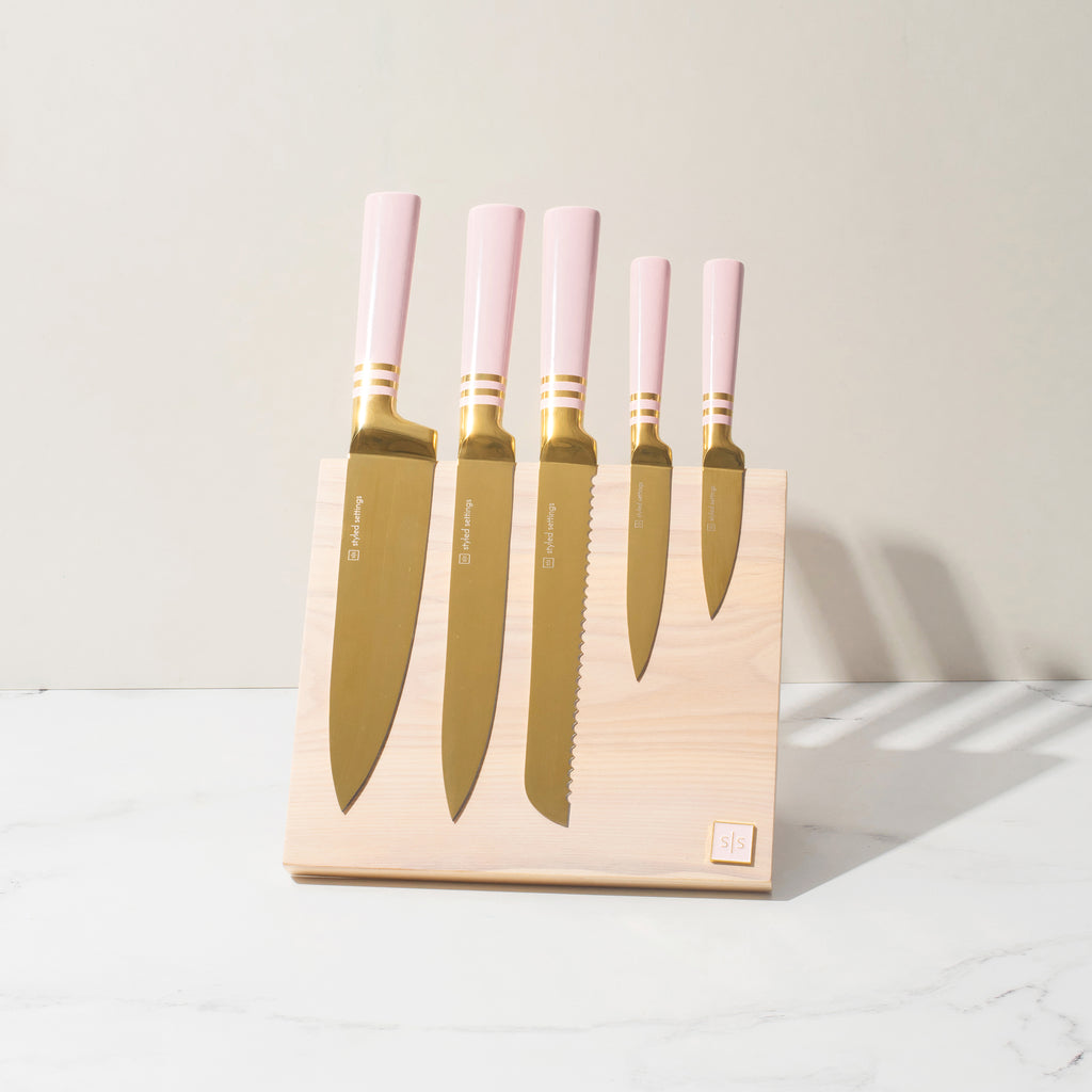 Styled Settings Gold Knife Set with Walnut Knife Block