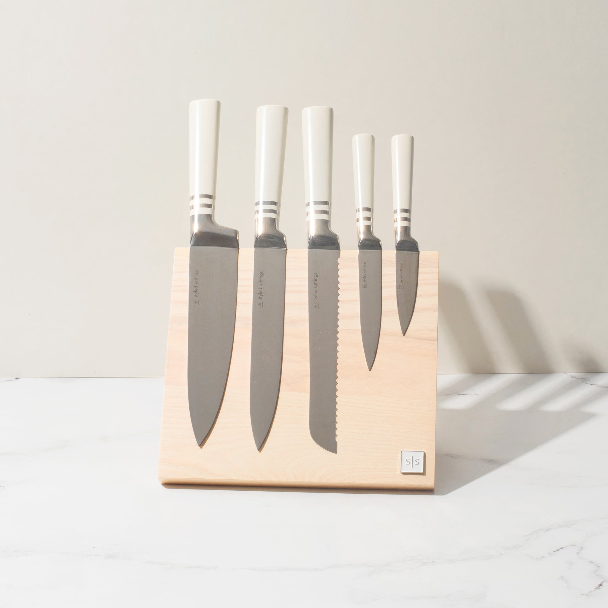  White Knife Set with Magnetic Knife Holder Stand - 6 PC White  Magnetic Knife Set Includes White Handle Knife Set with Ashwood Magnetic Knife  Block - White Kitchen Accessories, White Kitchen