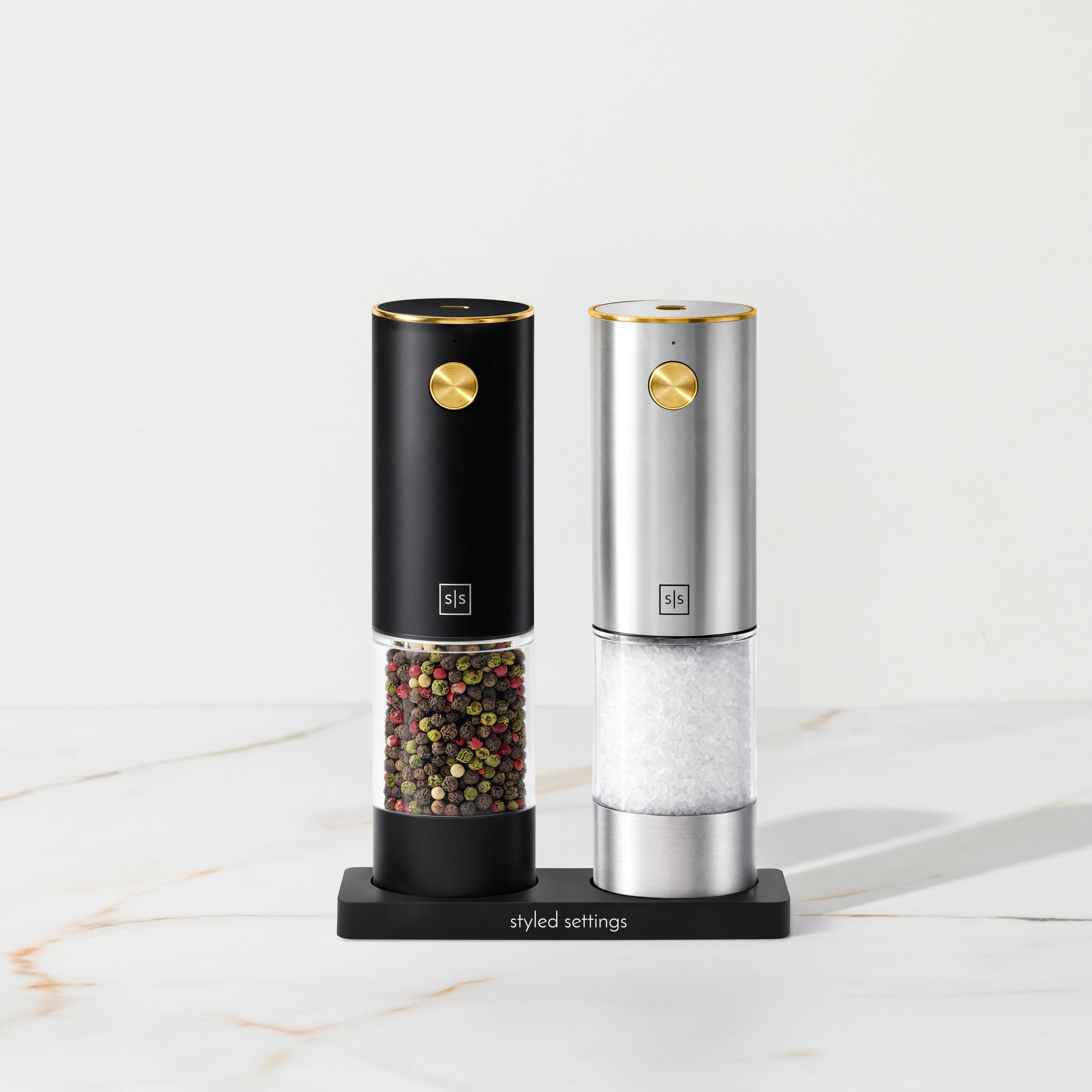 Black and Silver Rechargeable Electric Salt and Pepper Mill Set