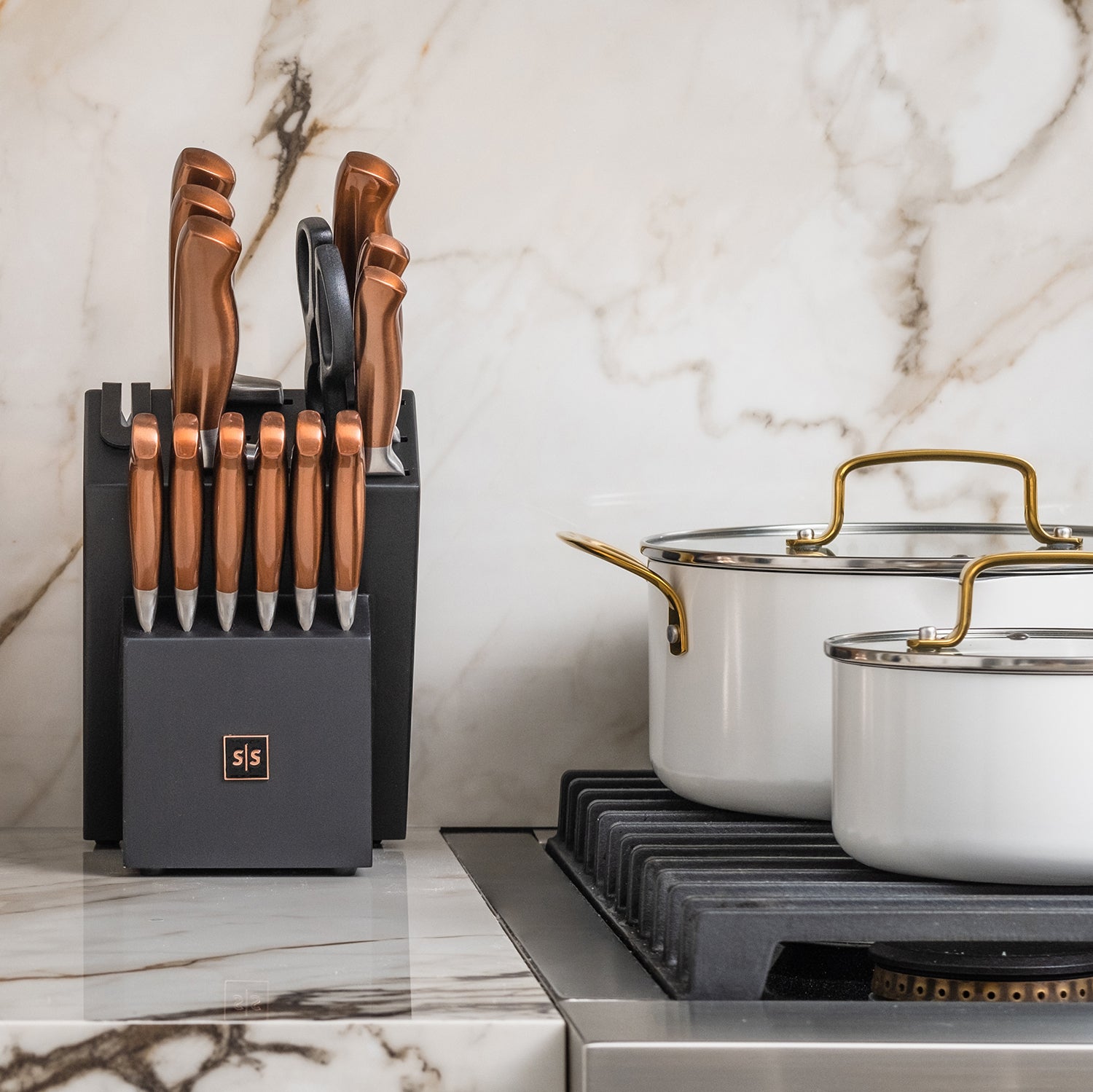  Copper Knife Set with Block - 14 PC Self Sharpening