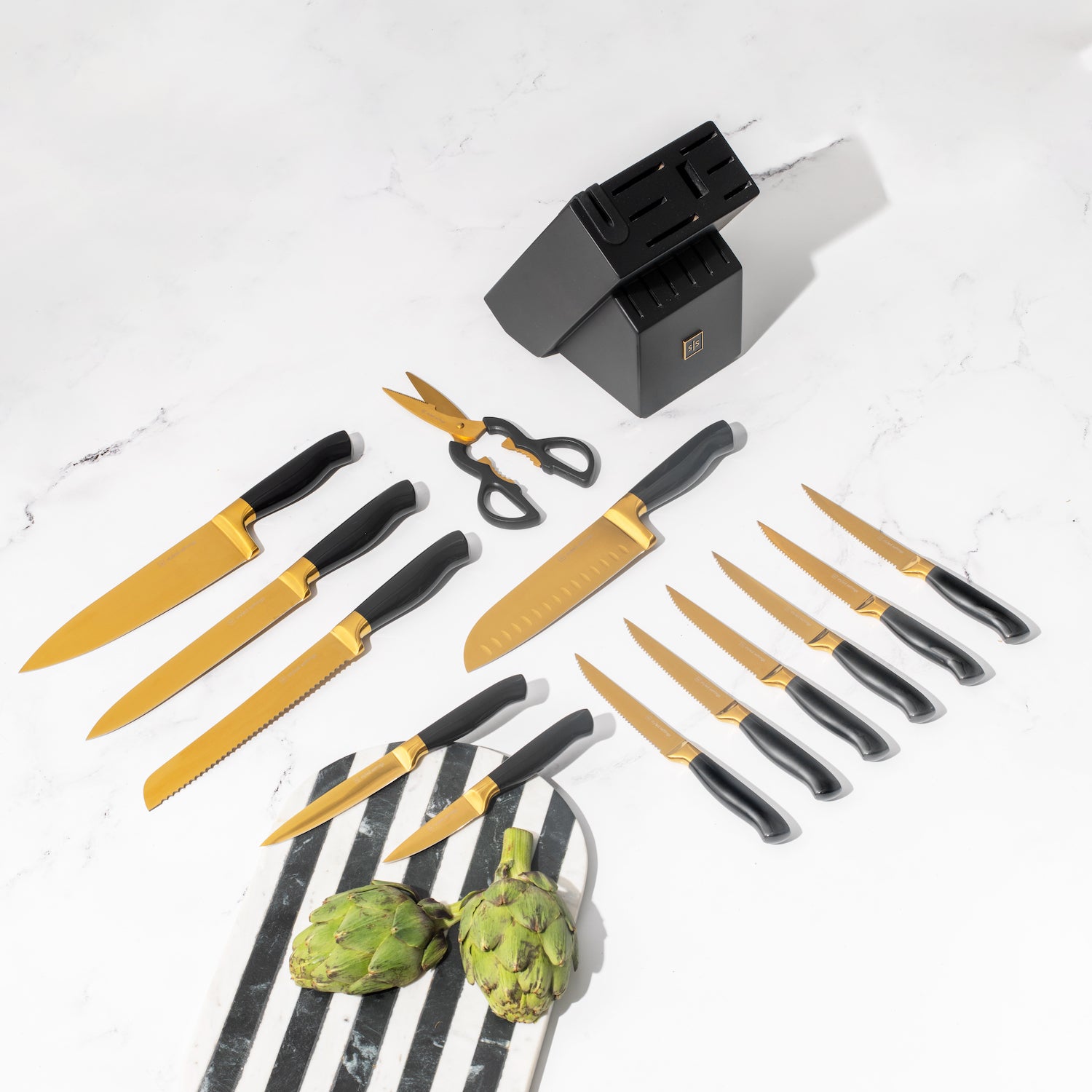 Styled Settings Copper Knife Set with Block-14 PC Self Sharpening Knife  Block Set- Rose Gold Knife Set