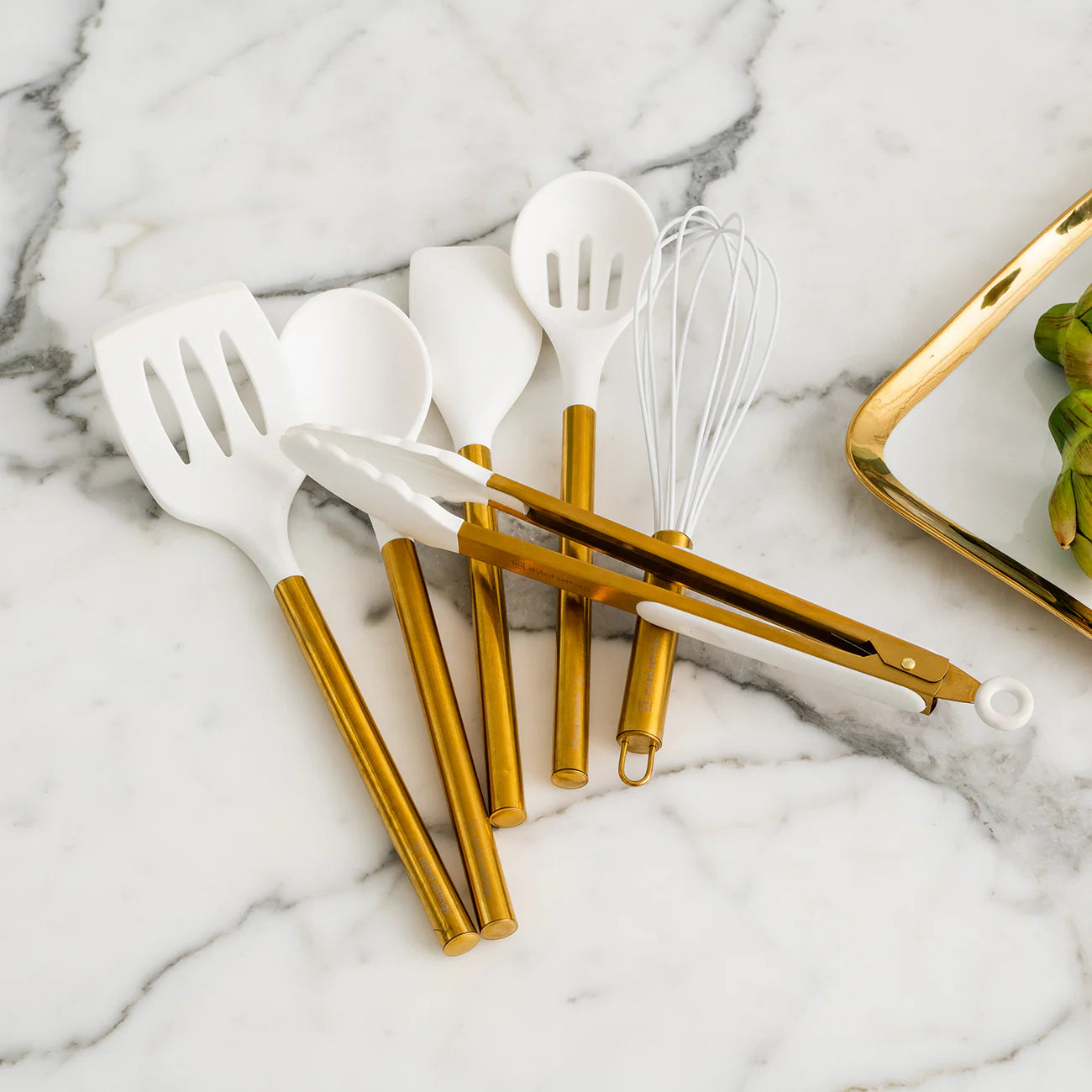 White and Gold Kitchen Utensils and White Utensil Holder with Built-in Spoon Rest