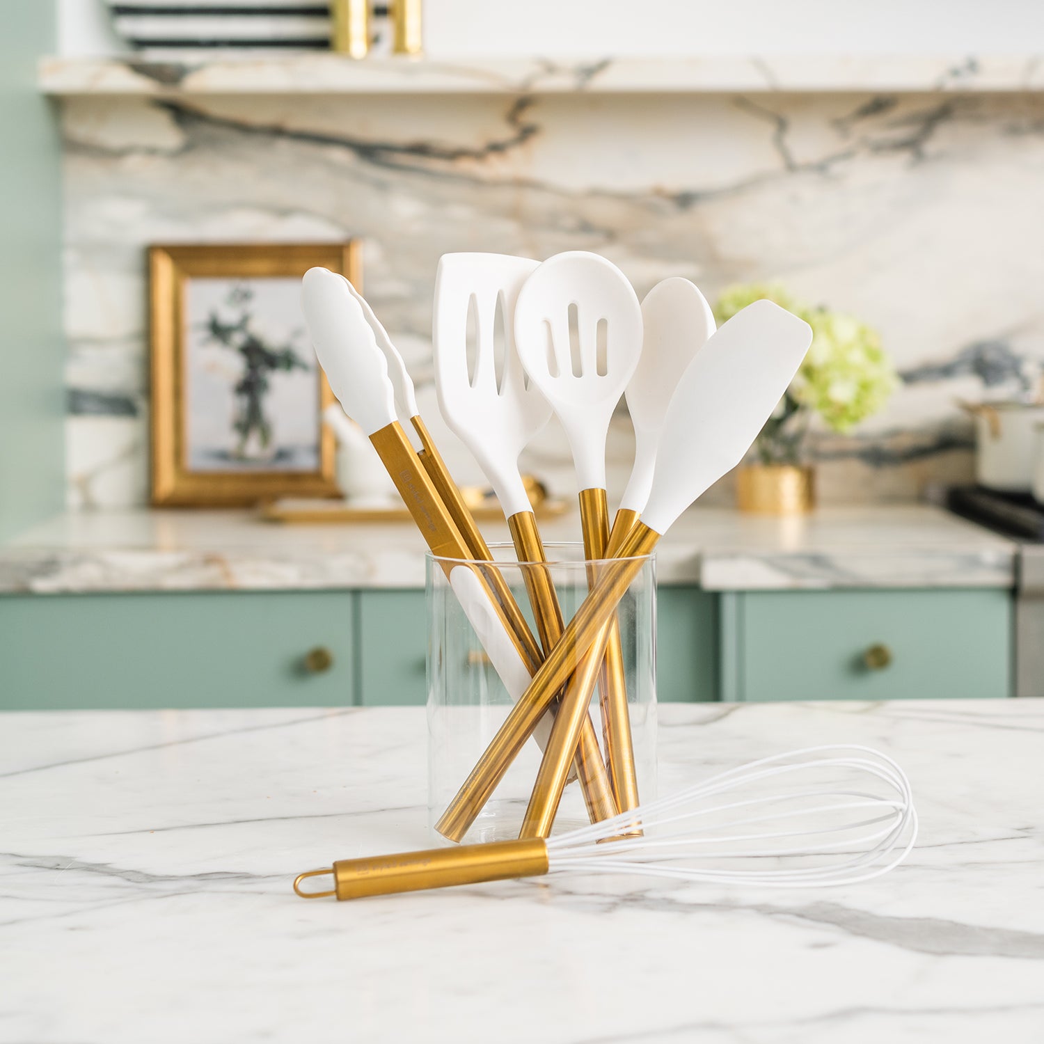 Styled Settings White & Gold Nylon Cooking Utensils with Holder and  Measuring Cups & Spoons 