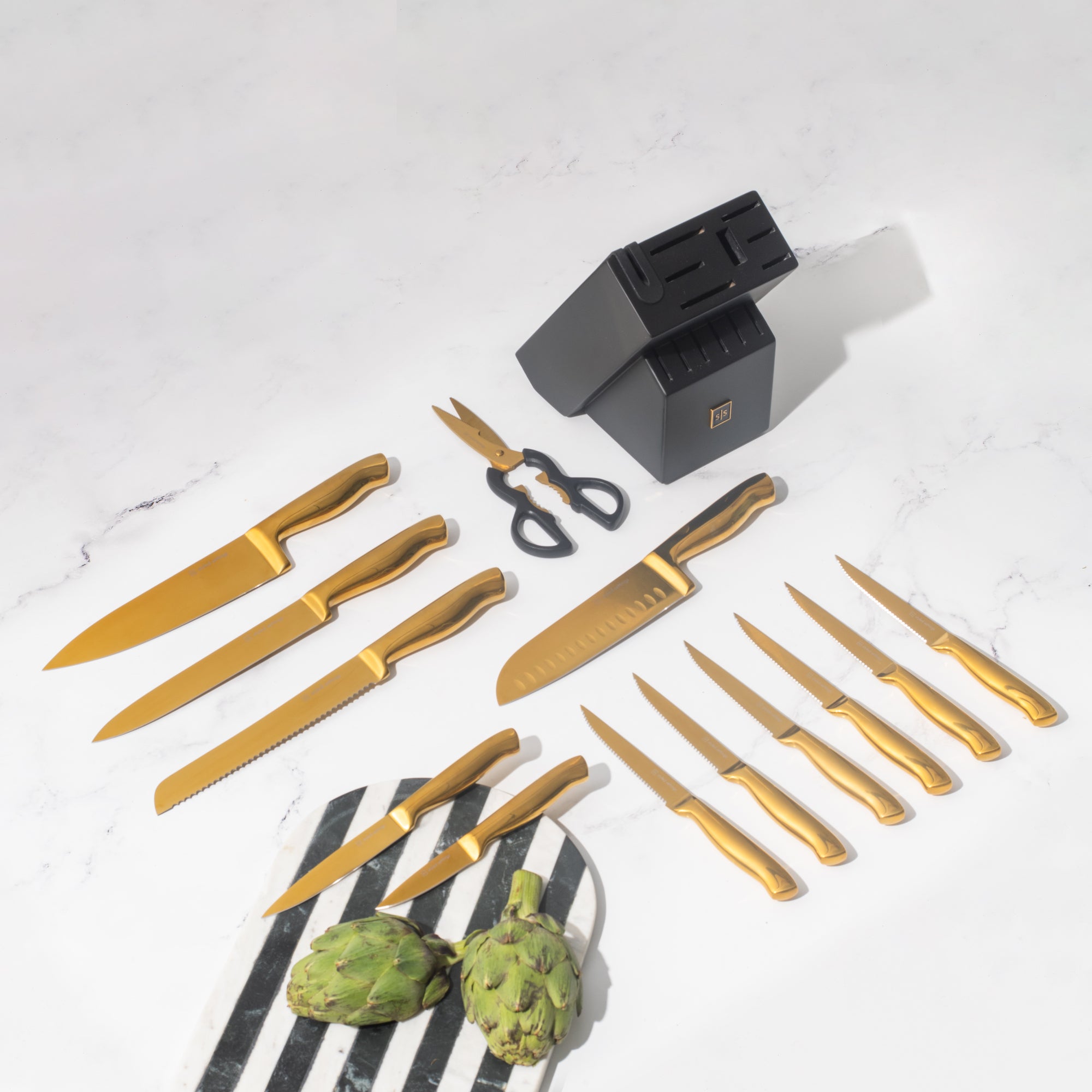  Black and Gold Knife Set with Block - 14 Piece Gold