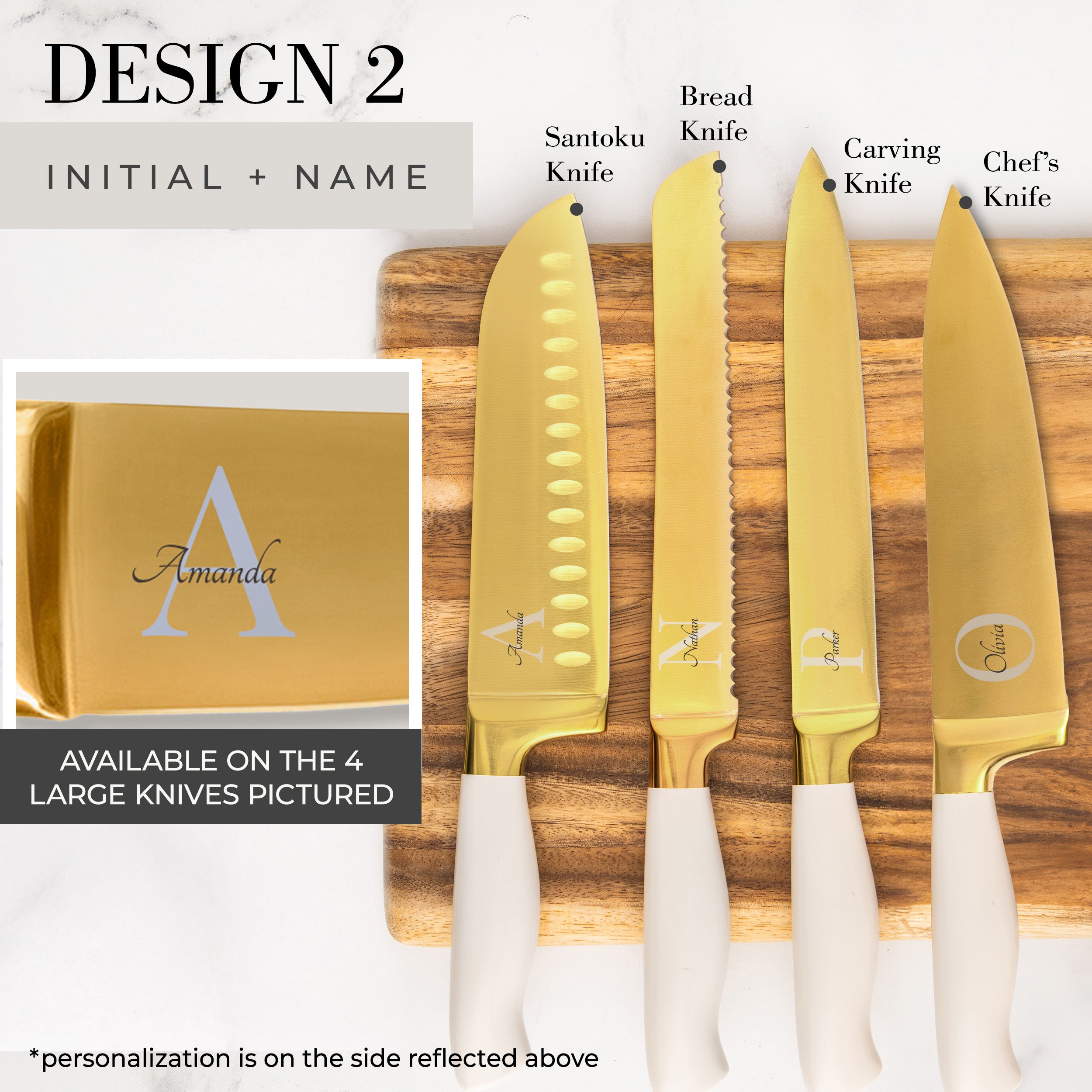 Personalized White and Gold Knife Set with White Self-Sharpening Block