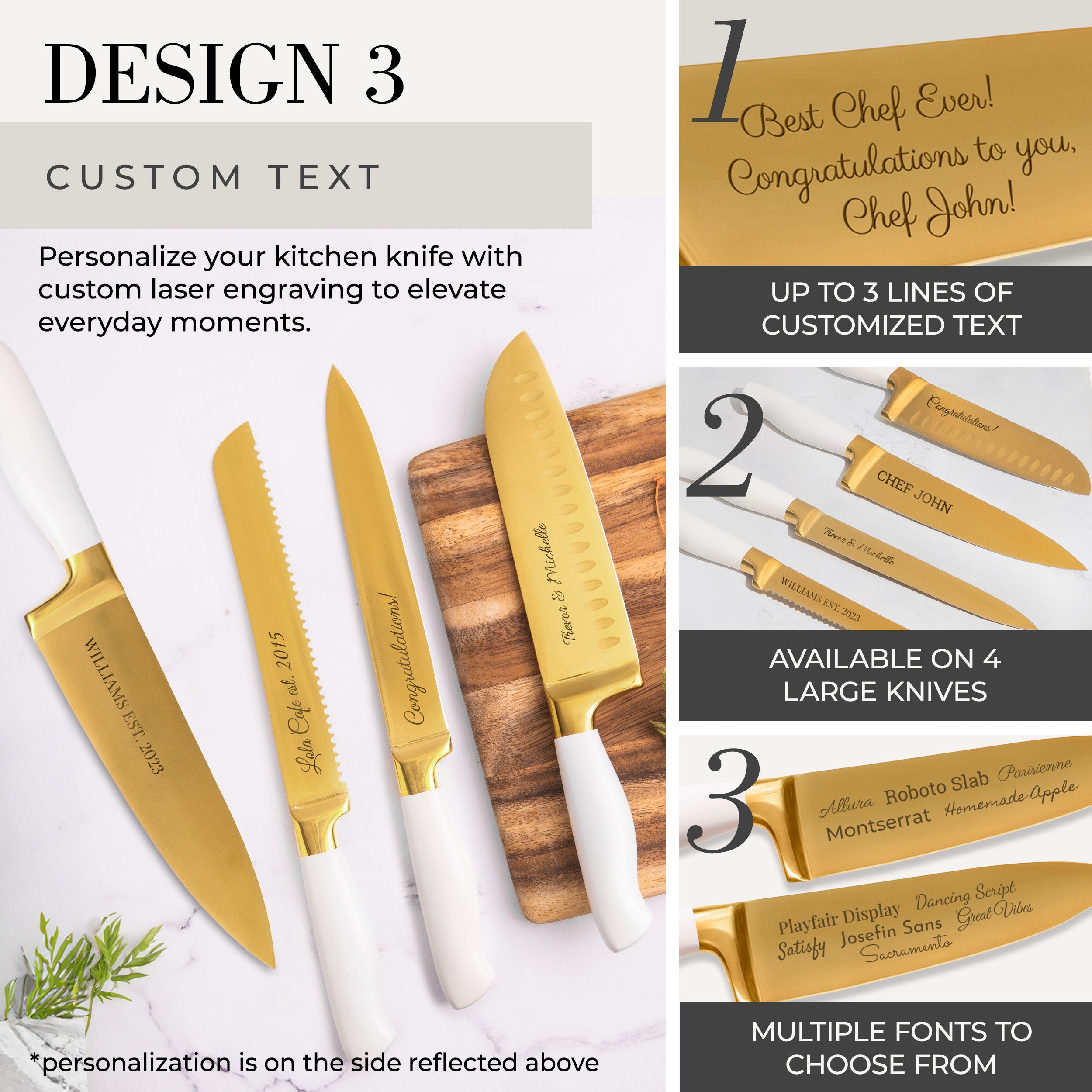 Personalized White and Gold Knife Set with White Self-Sharpening Block