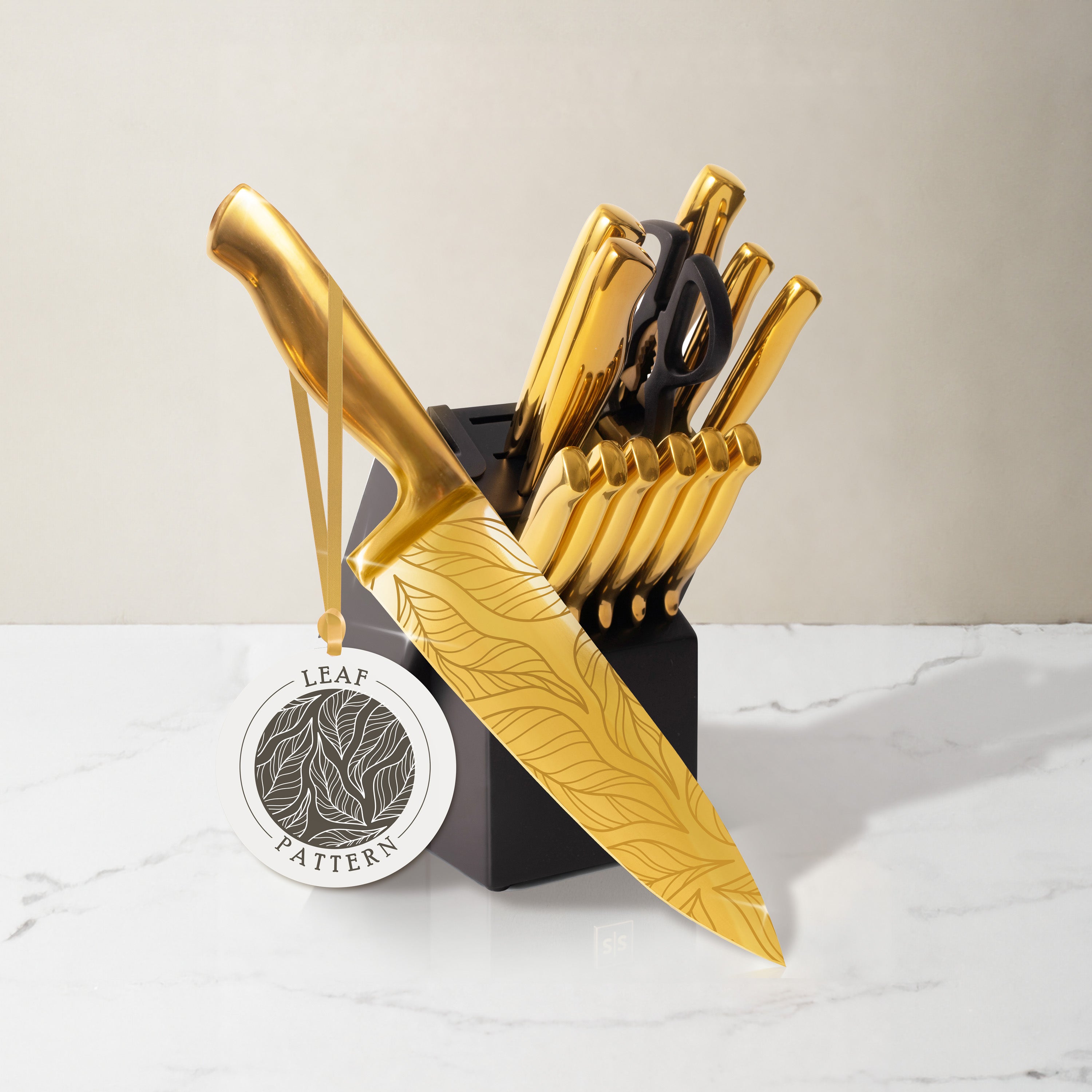 Patterned Gold Knife Set with Black Self-Sharpening Block