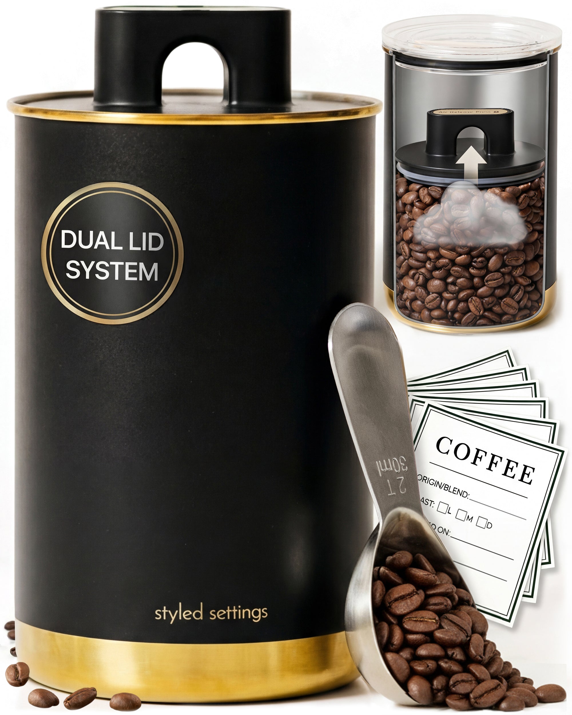 Black & Gold Stainless Steel Vacuum Coffee Canister with Scoop & Labels